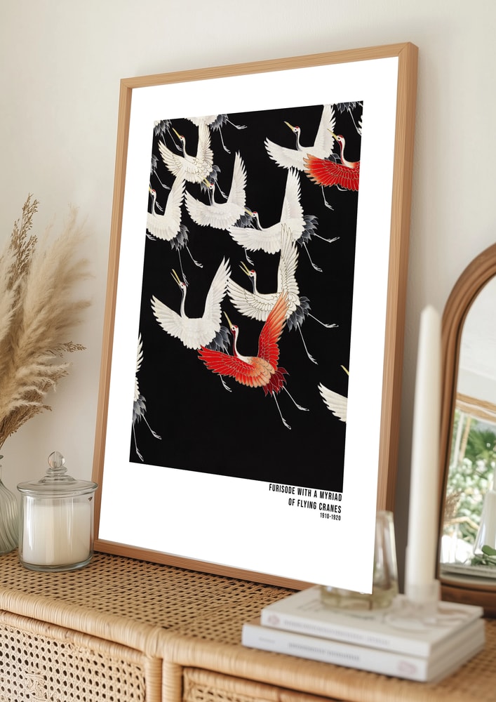 Furisode med en myriad av flygande tranor (1910–1920) Japansk Poster