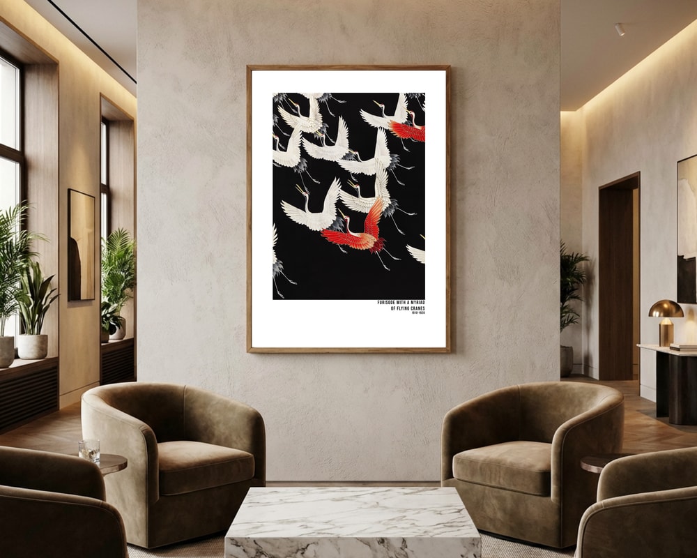 Furisode med en myriad av flygande tranor (1910–1920) Japansk Poster