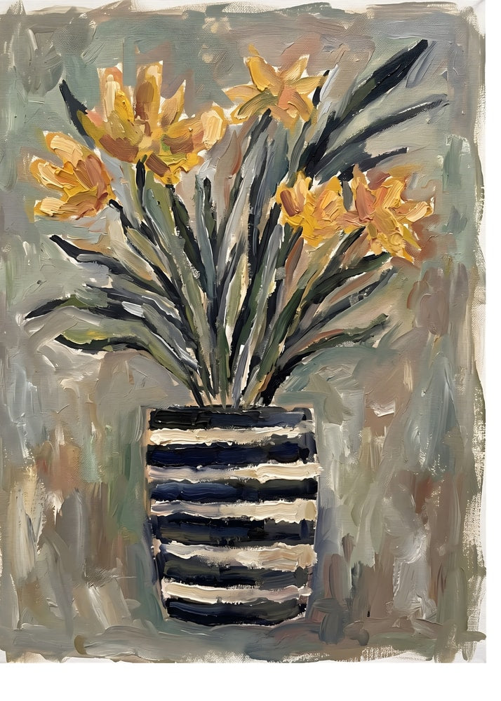Yellow Flowers Striped Vase Poster
