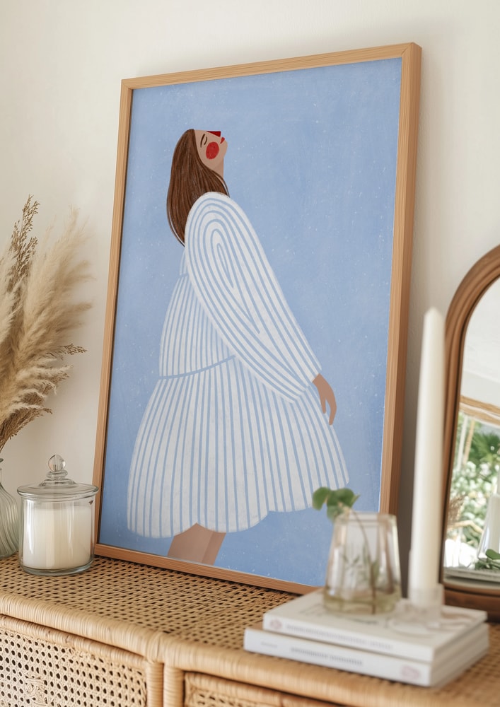 Joyful Woman Blue Stripes Poster