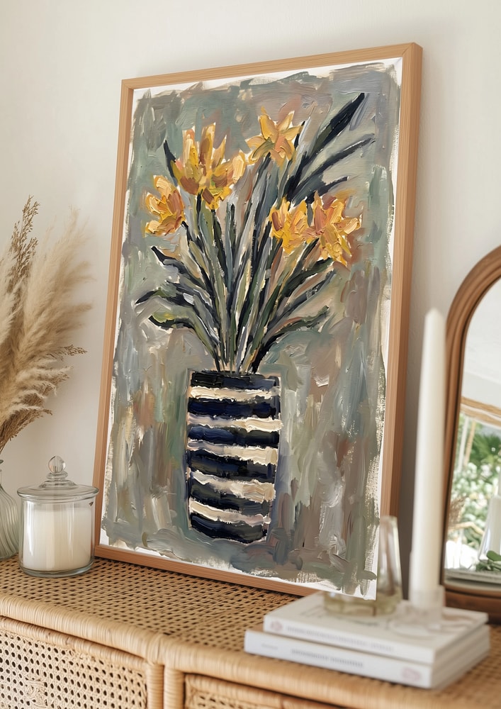 Yellow Flowers Striped Vase Poster