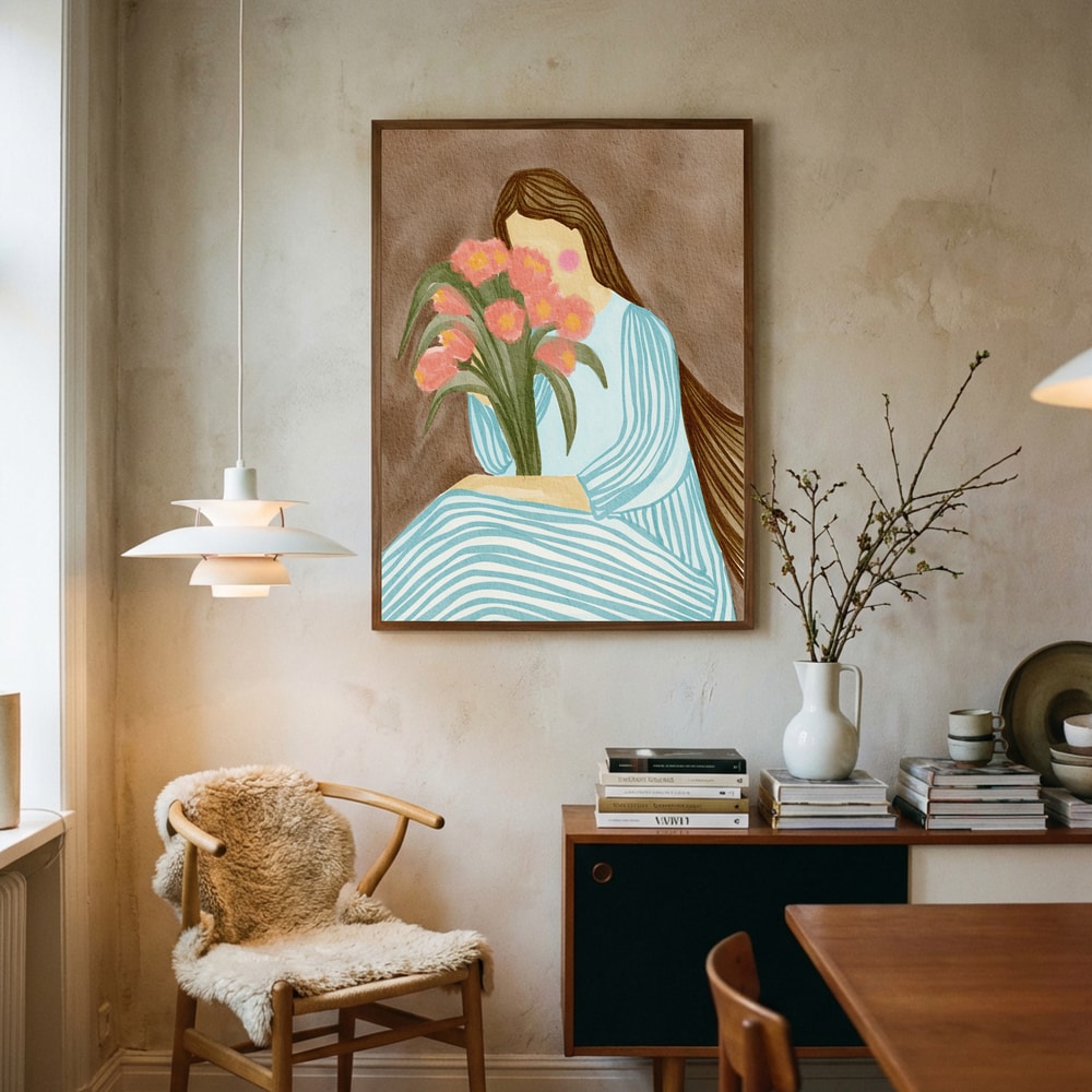 Plakat med genert kvinde og lyserøde tulipaner