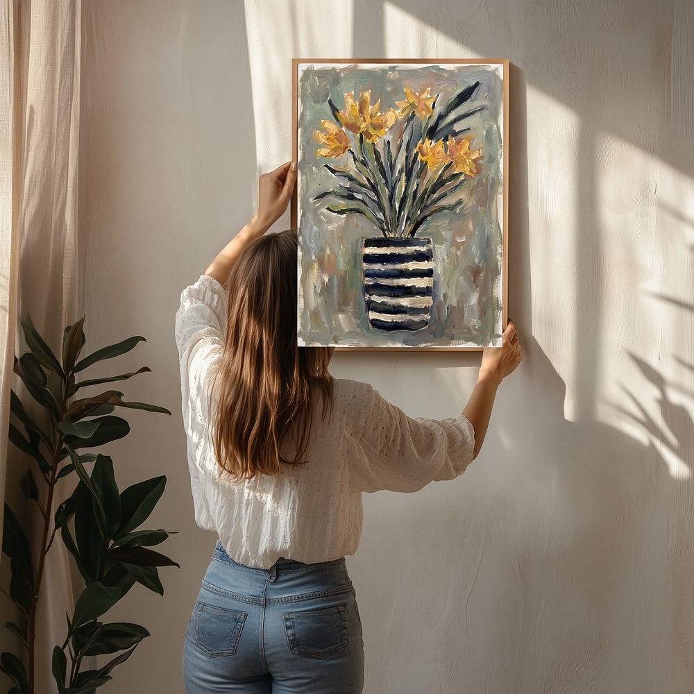 Yellow Flowers Striped Vase Poster