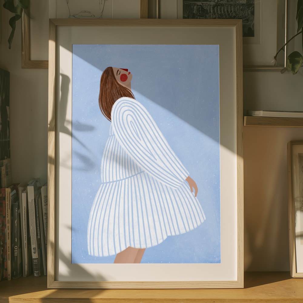 Joyful Woman Blue Stripes Poster