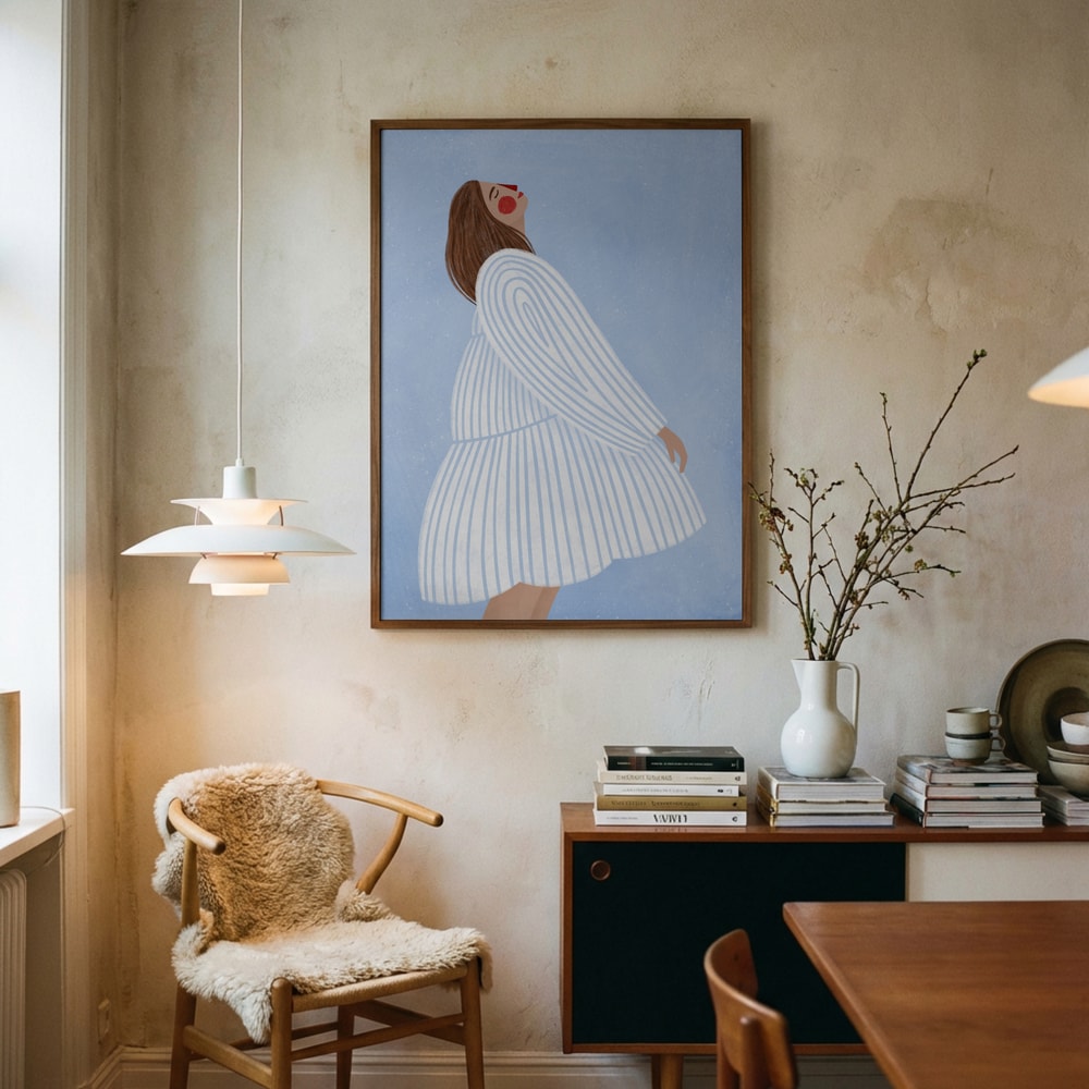 Joyful Woman Blue Stripes Poster