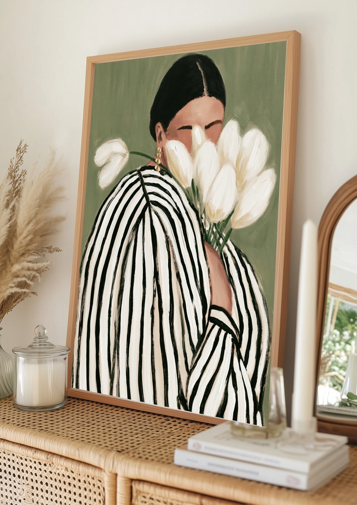 Woman with flowers, striped woman with tulips illustration Poster