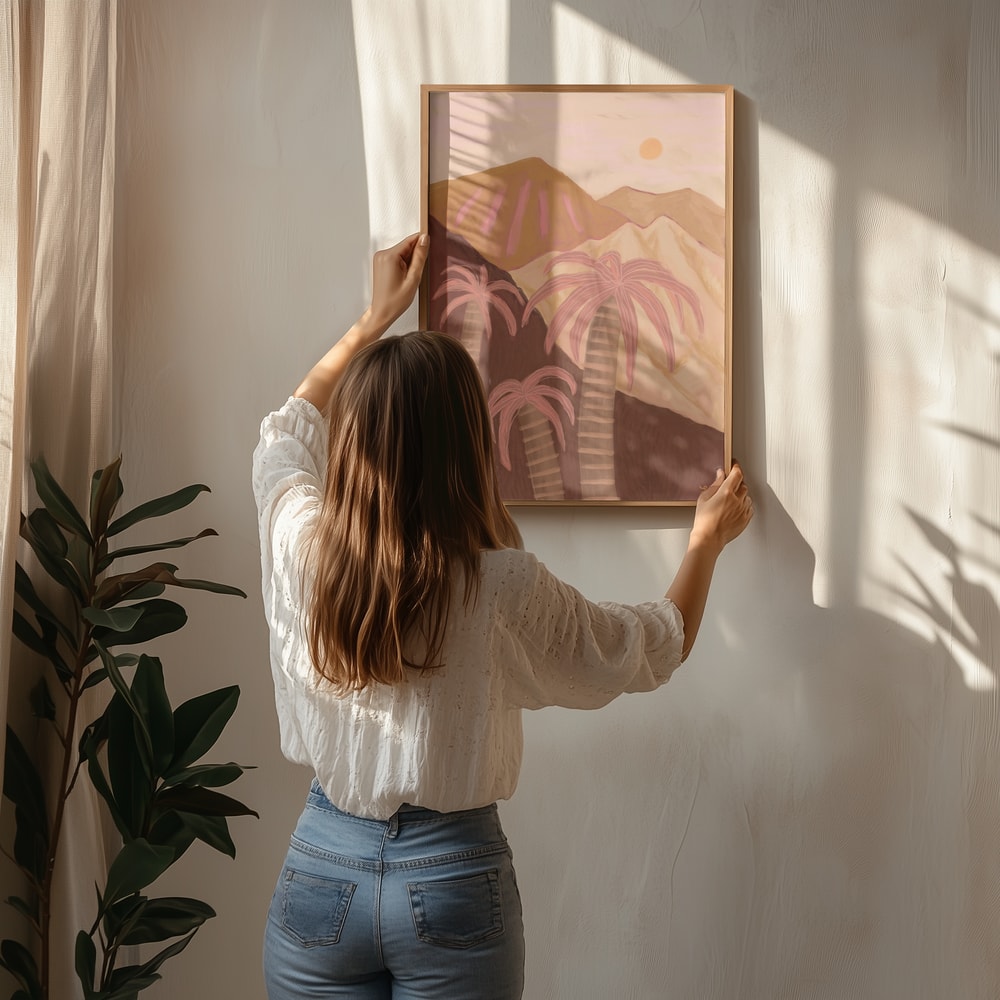 Plakat med solnedgang over ørkenpalmer
