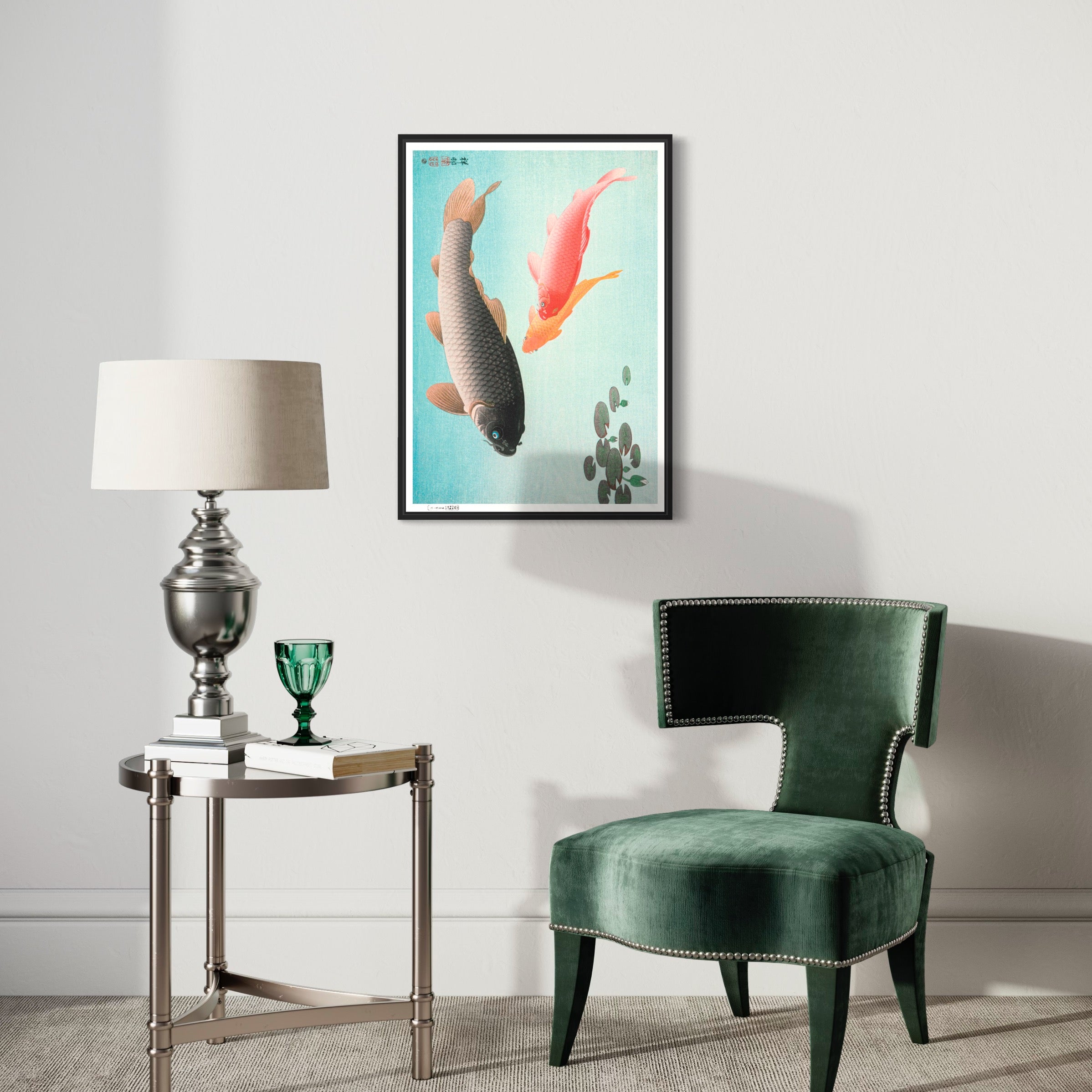 Japandi poster with fish motif and flowing organic shapes