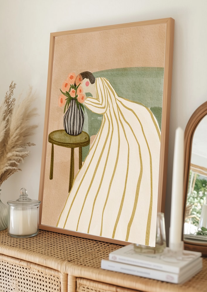 Kvinna som beundrar blommor Poster