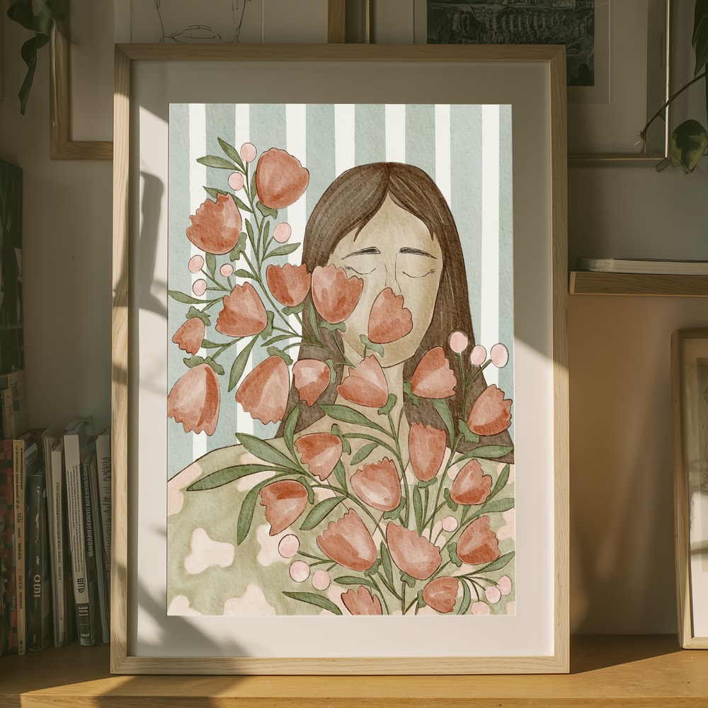 Serene kvinde med blomster plakat