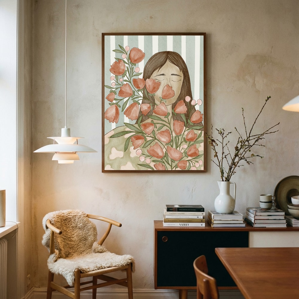 Serene kvinde med blomster plakat