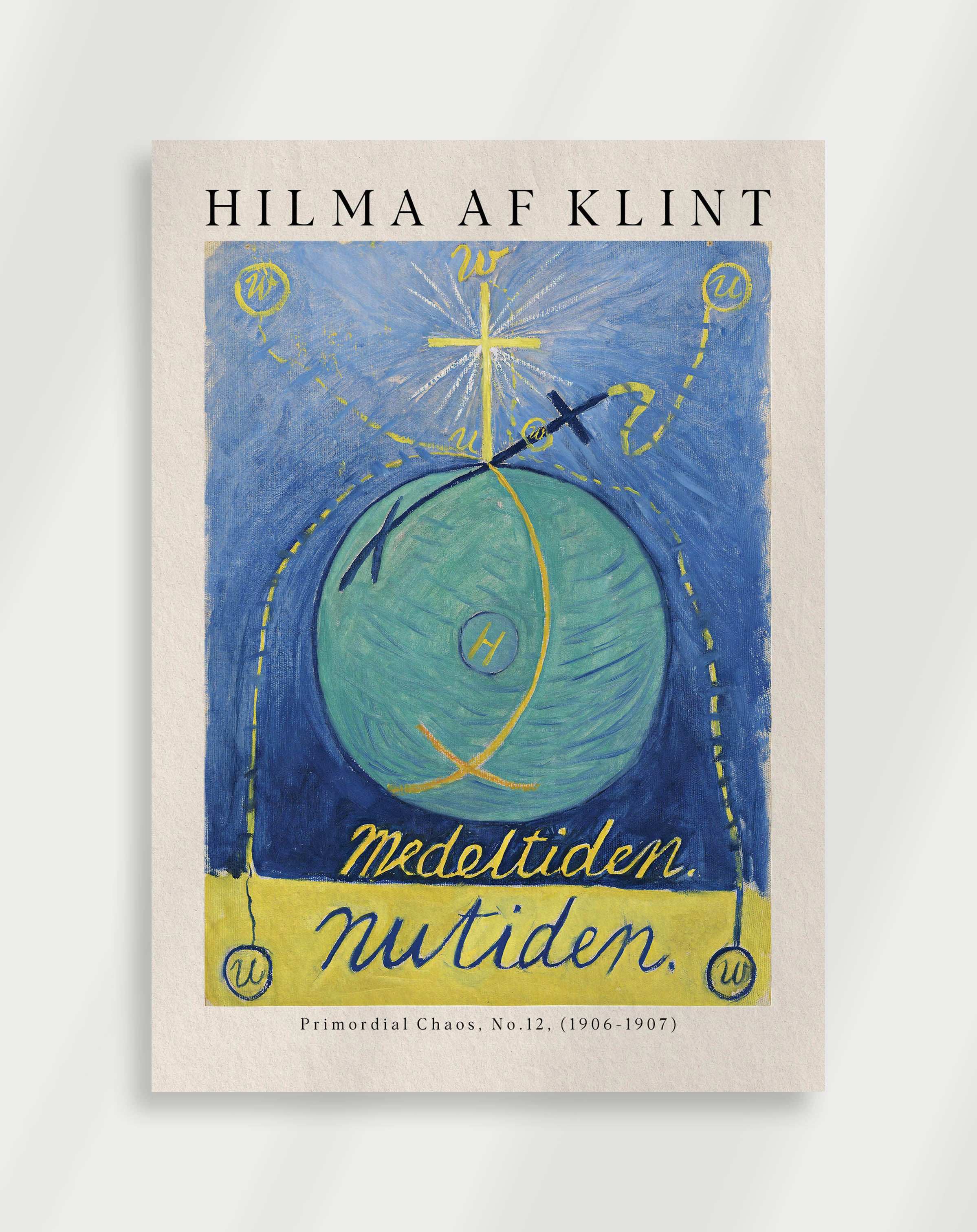 A poster featuring the artwork 'Primordial' by Hilma af Klint, with abstract geometric shapes in blue, yellow, and other colors on a light background.