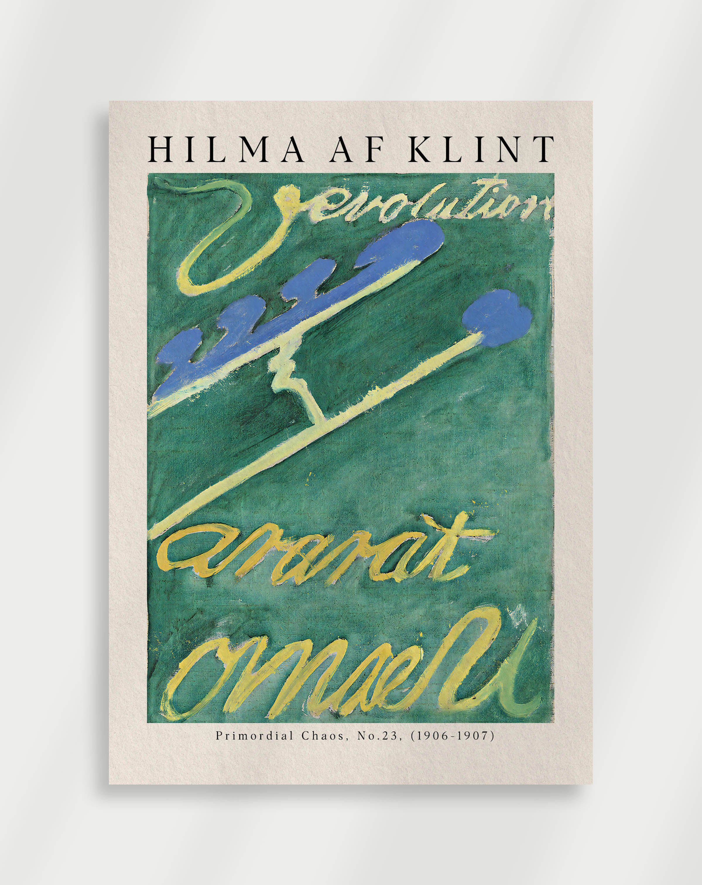 A poster featuring abstract art with blue, green, and yellow colors, and text that reads 'HILMA AF KLINT Evolution' along with the signature of the artist.