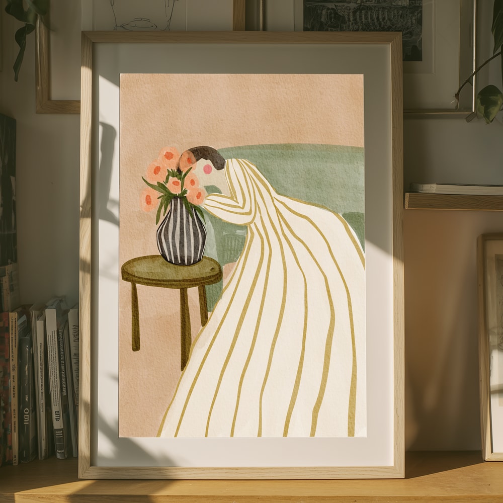 Kvinna som beundrar blommor Poster