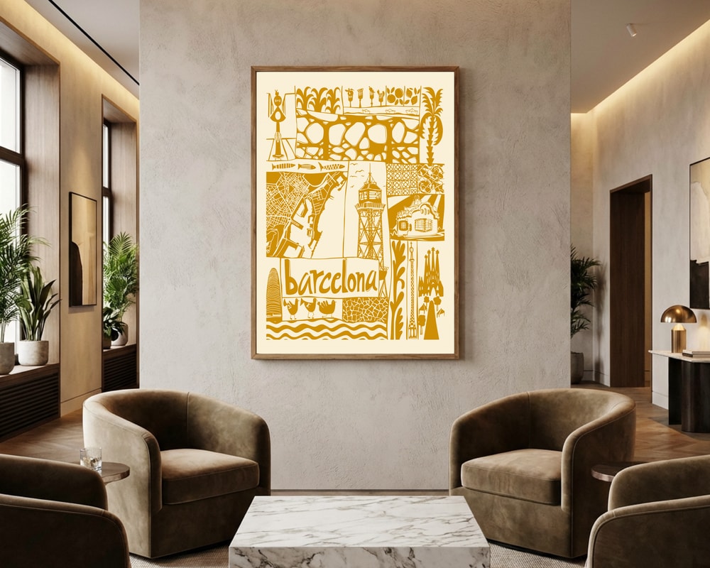 Illustrated Barcelona Landmarks Poster