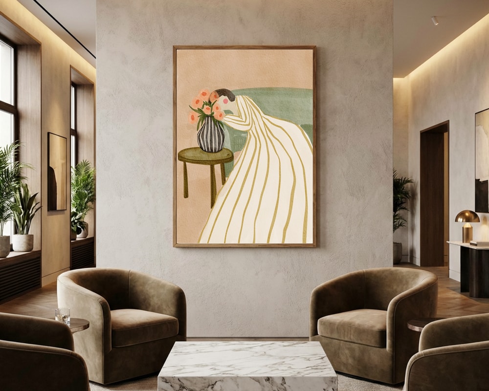 Kvinna som beundrar blommor Poster