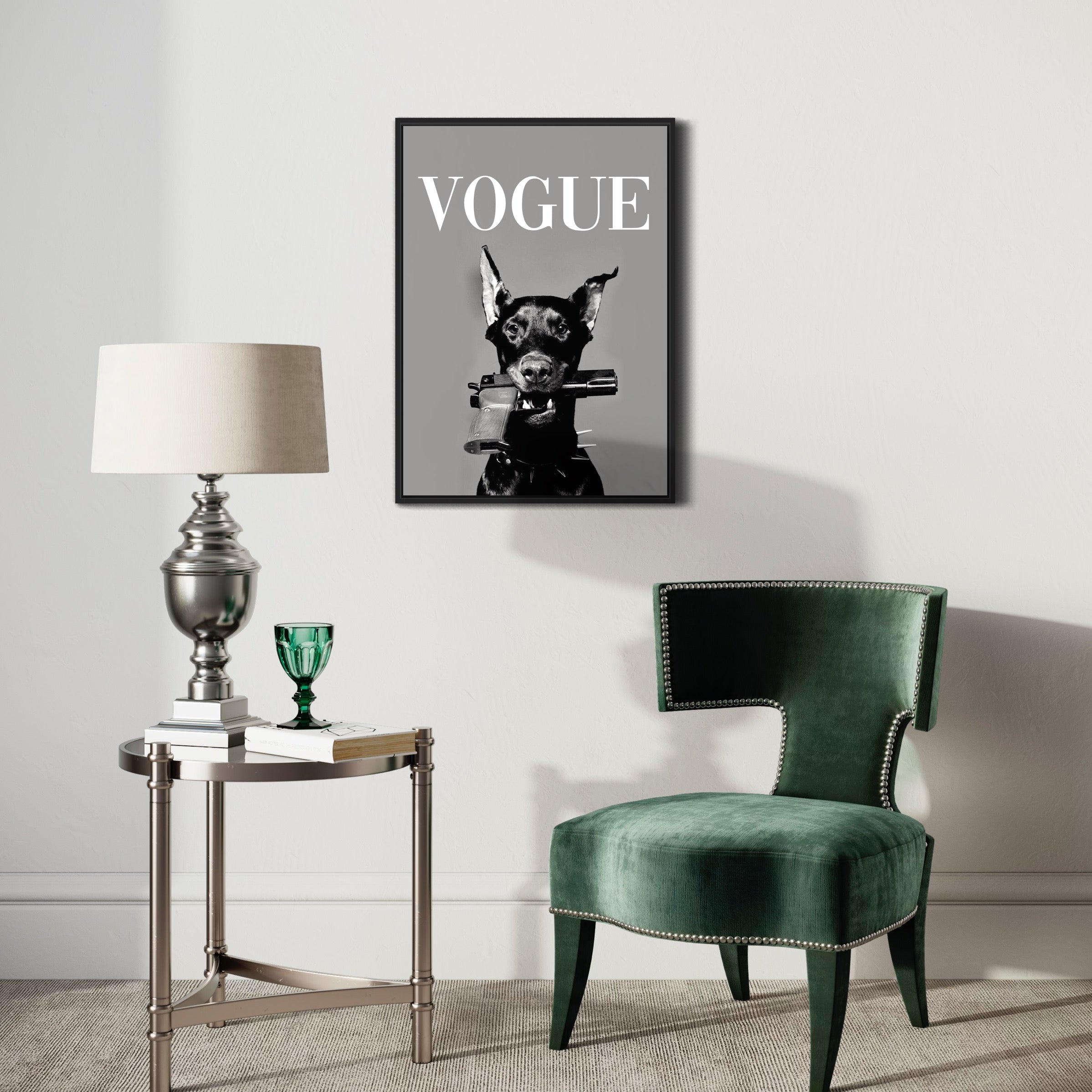 Modern living room with green velvet chair, side table, and Vogue dog poster wall art