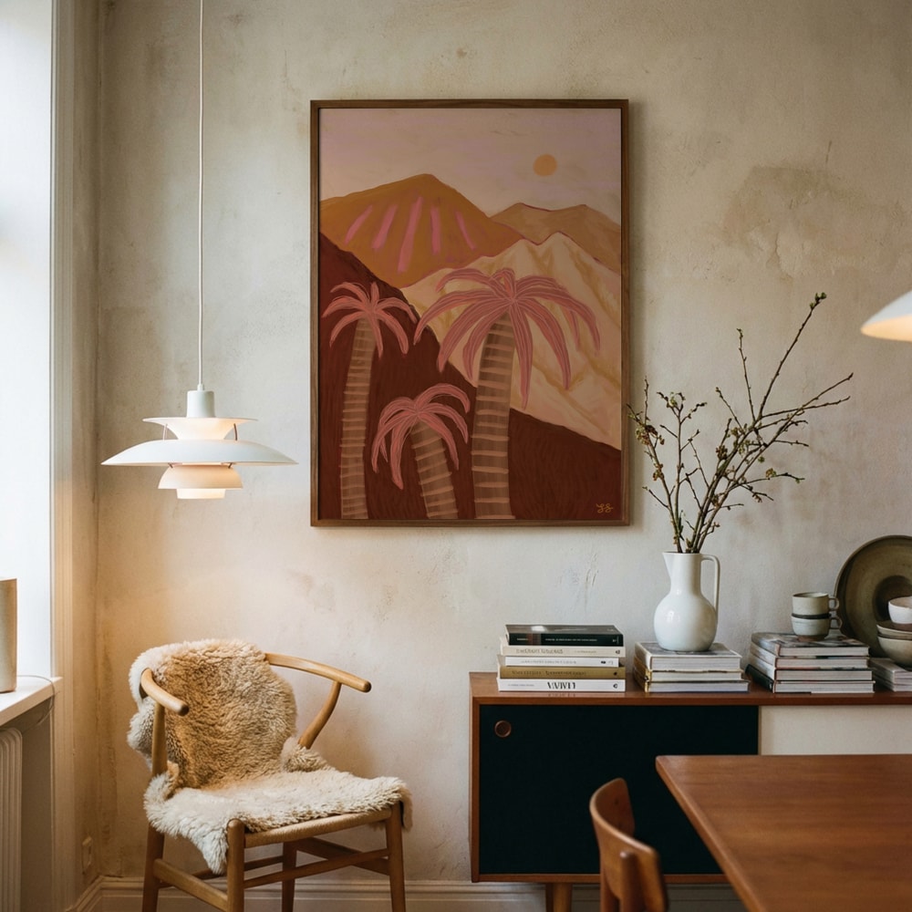 Plakat med solnedgang over ørkenpalmer