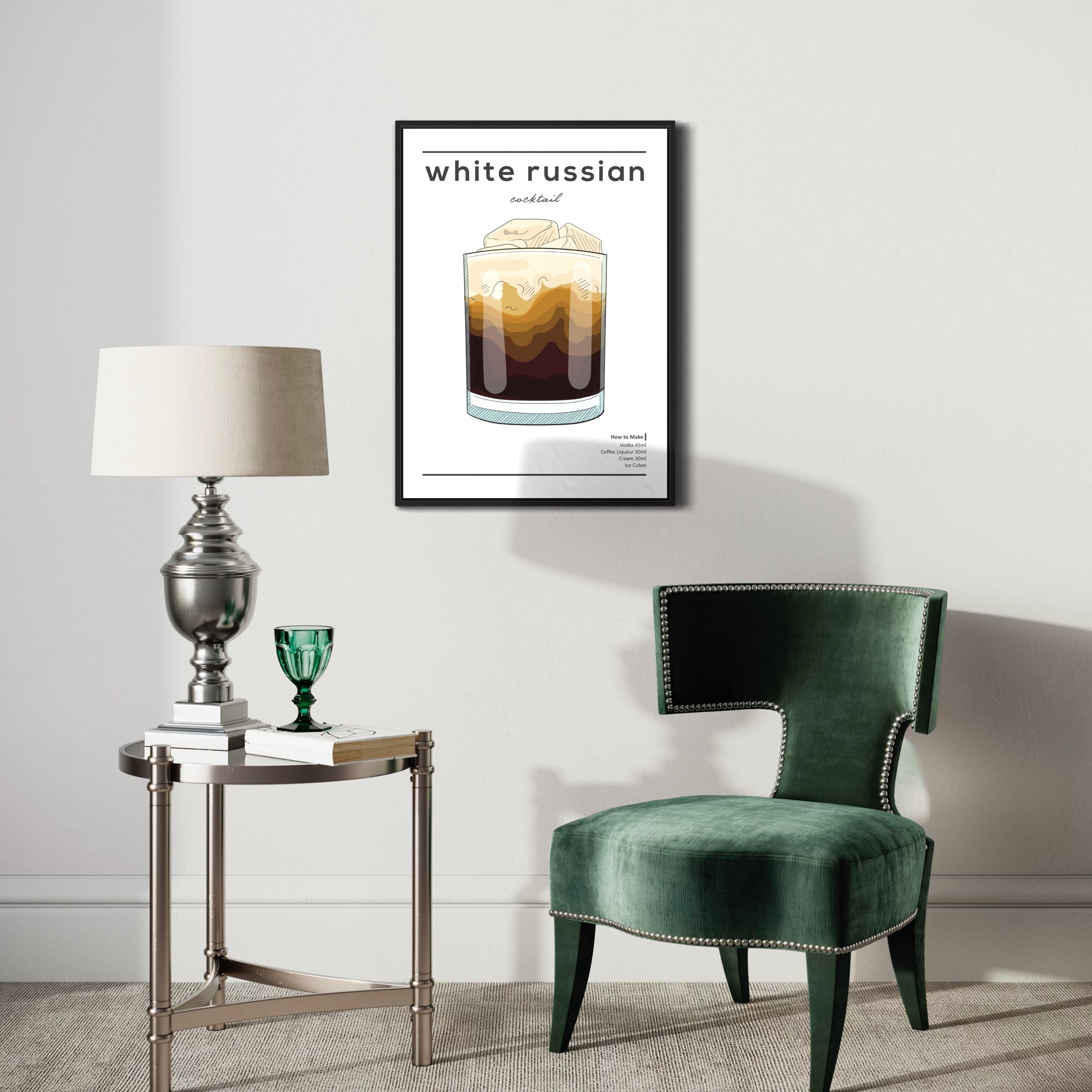 Modern living room with a framed White Russian cocktail poster, velvet chair, lamp, and side table