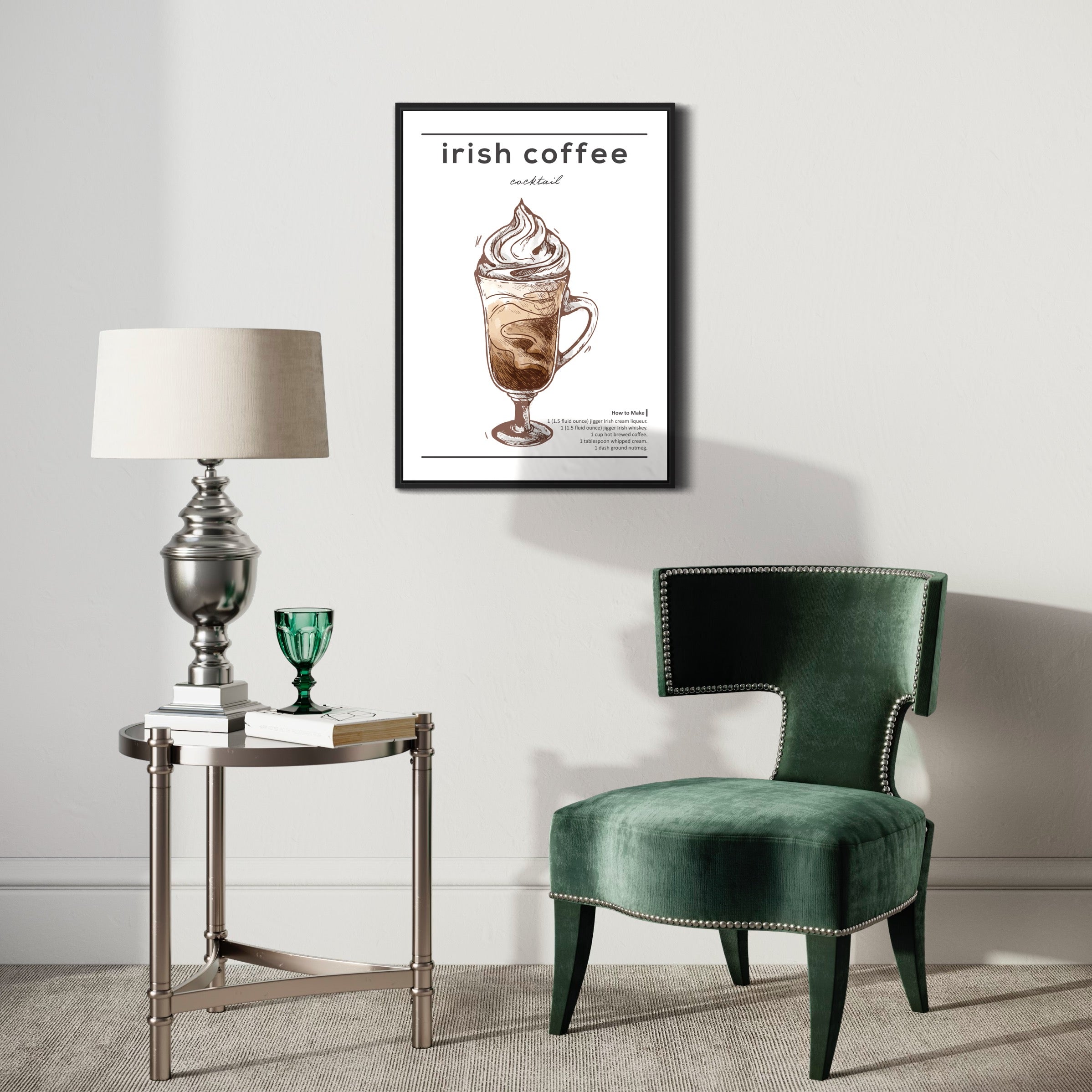 Modern living room with green velvet chair, round metal side table, and framed Irish coffee poster on wall