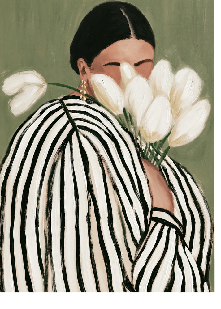 Woman with flowers, striped woman with tulips illustration Poster