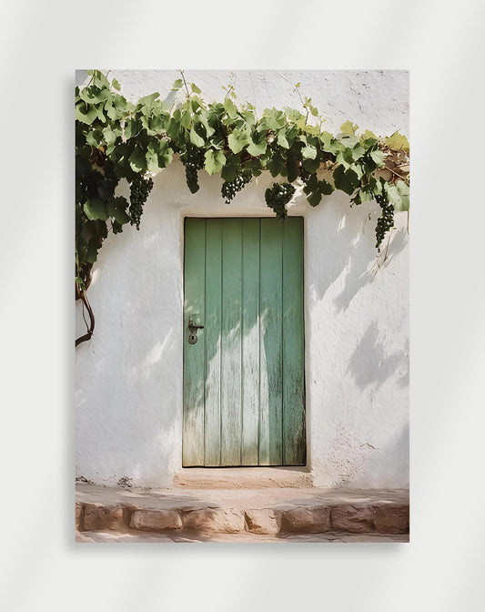 Green door on a white wall Poster