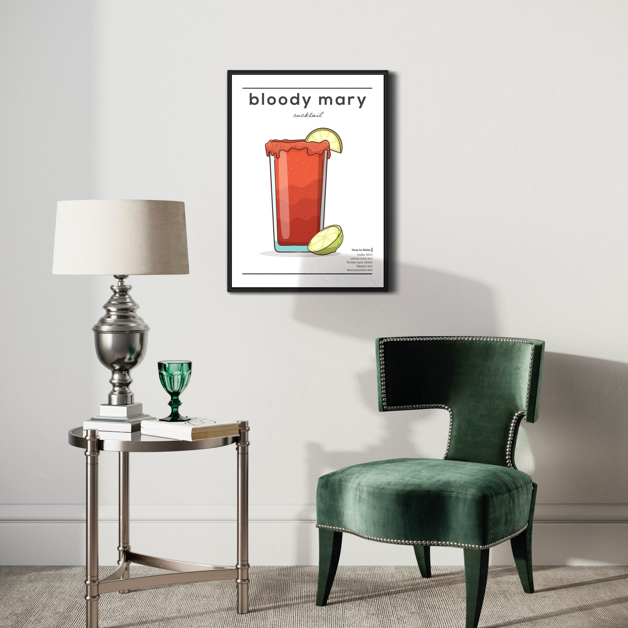A poster featuring an illustration of a Bloody Mary cocktail with a slice of lime and a sprig of cilantro, along with the text 'Bloody Mary Cocktail''.