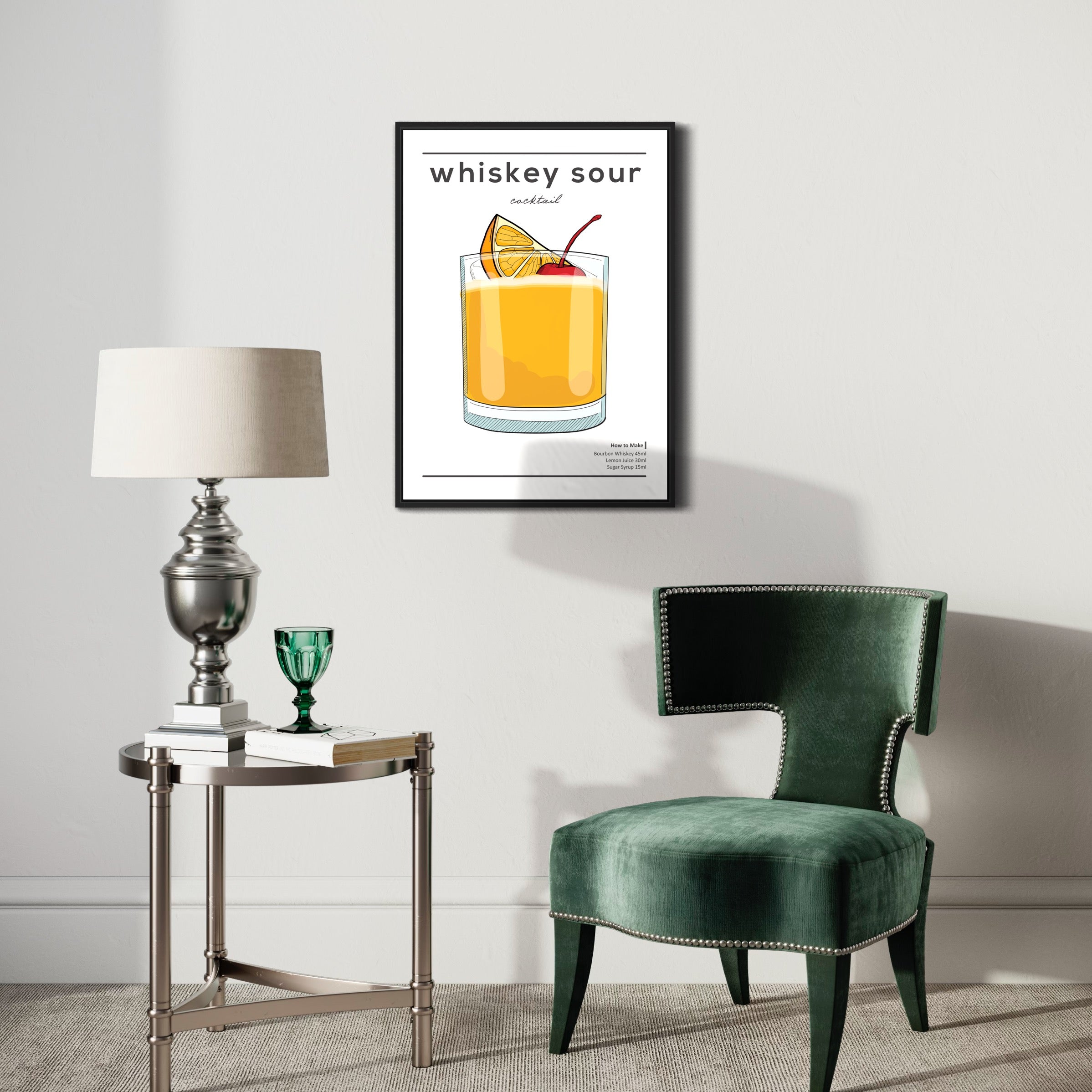 Modern living room with whiskey sour cocktail poster, velvet chair, and side table with lamp