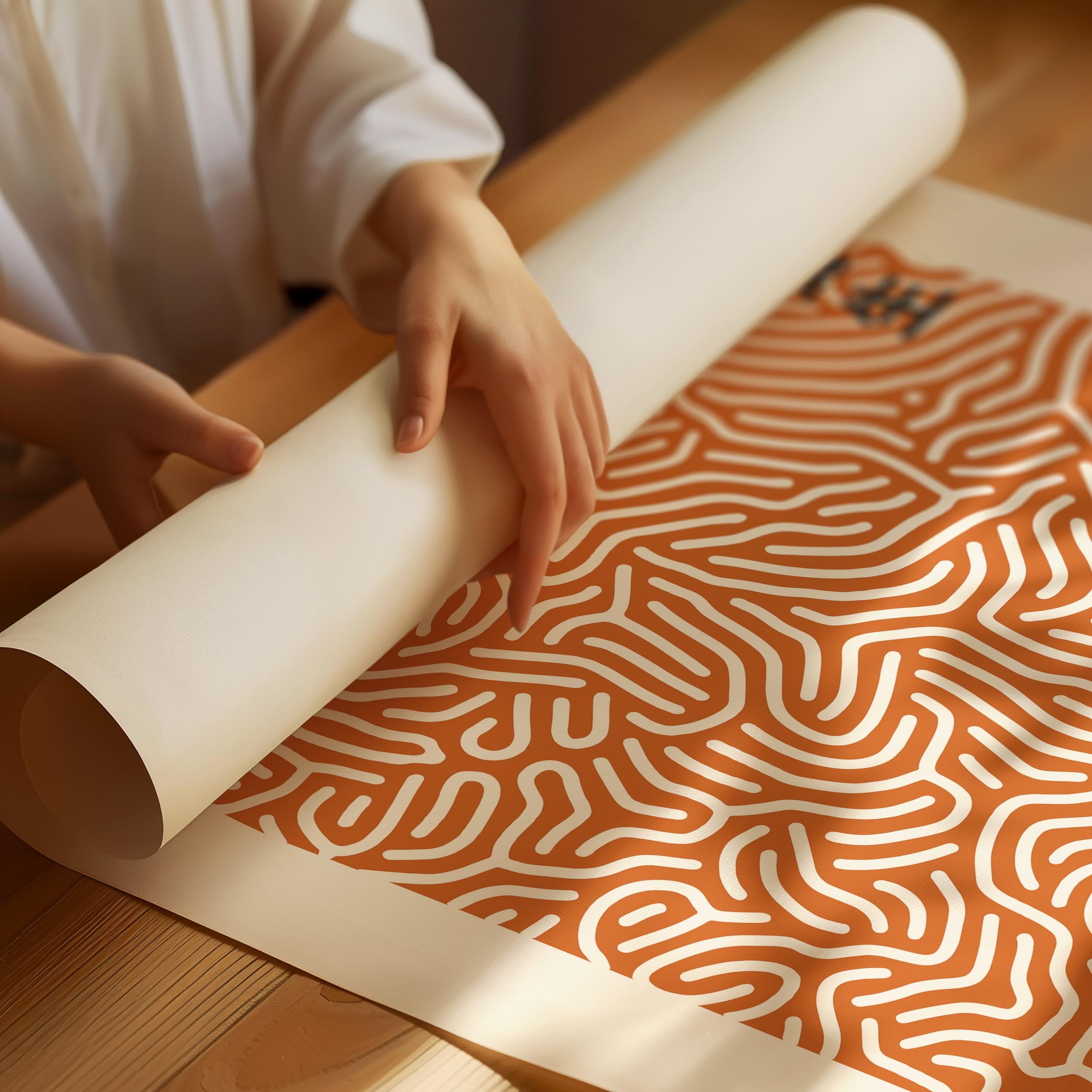 Orange Japandi poster with abstract pattern inspired by Yayoi Kusama