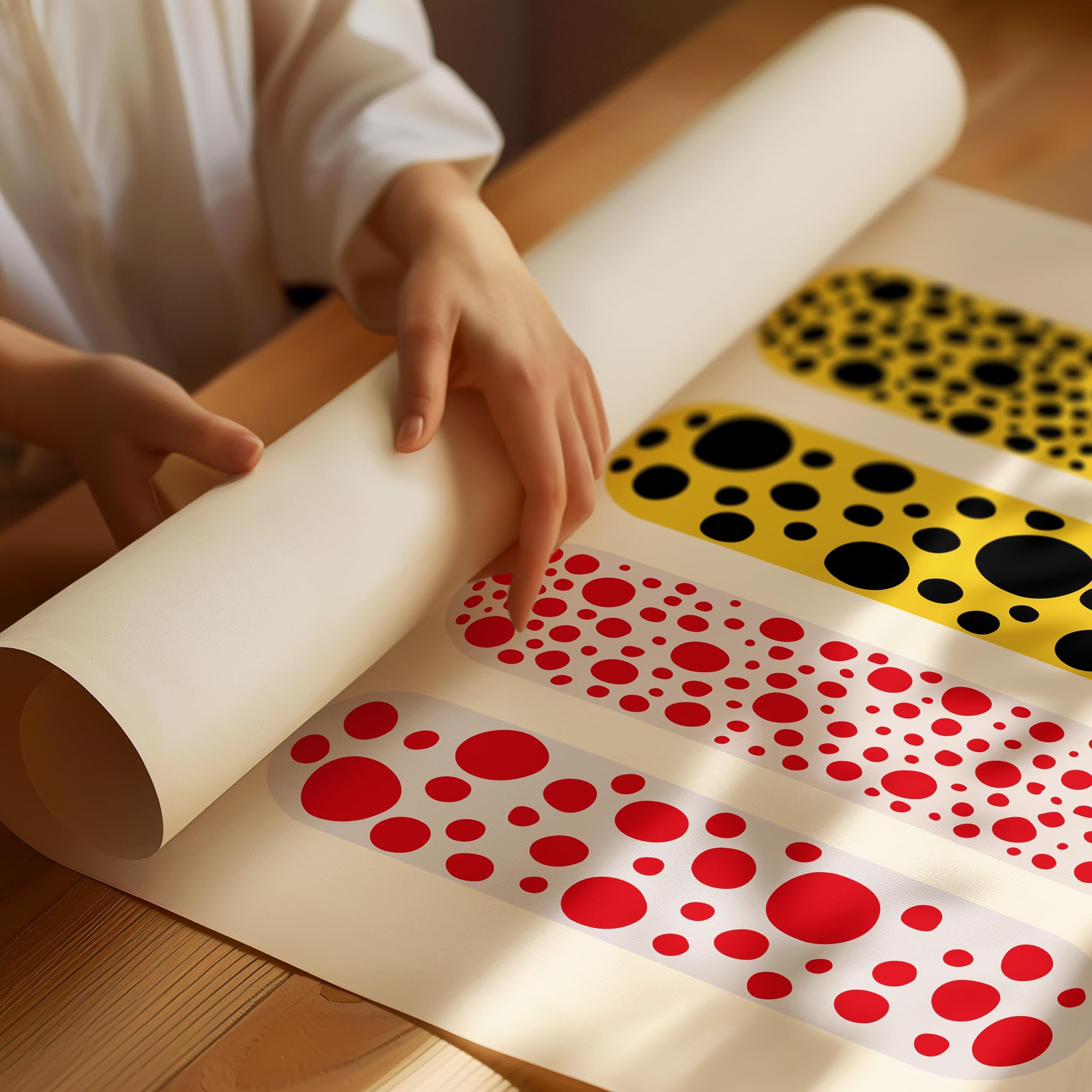 Japandi poster with colorful abstract shapes inspired by Yayoi Kusama
