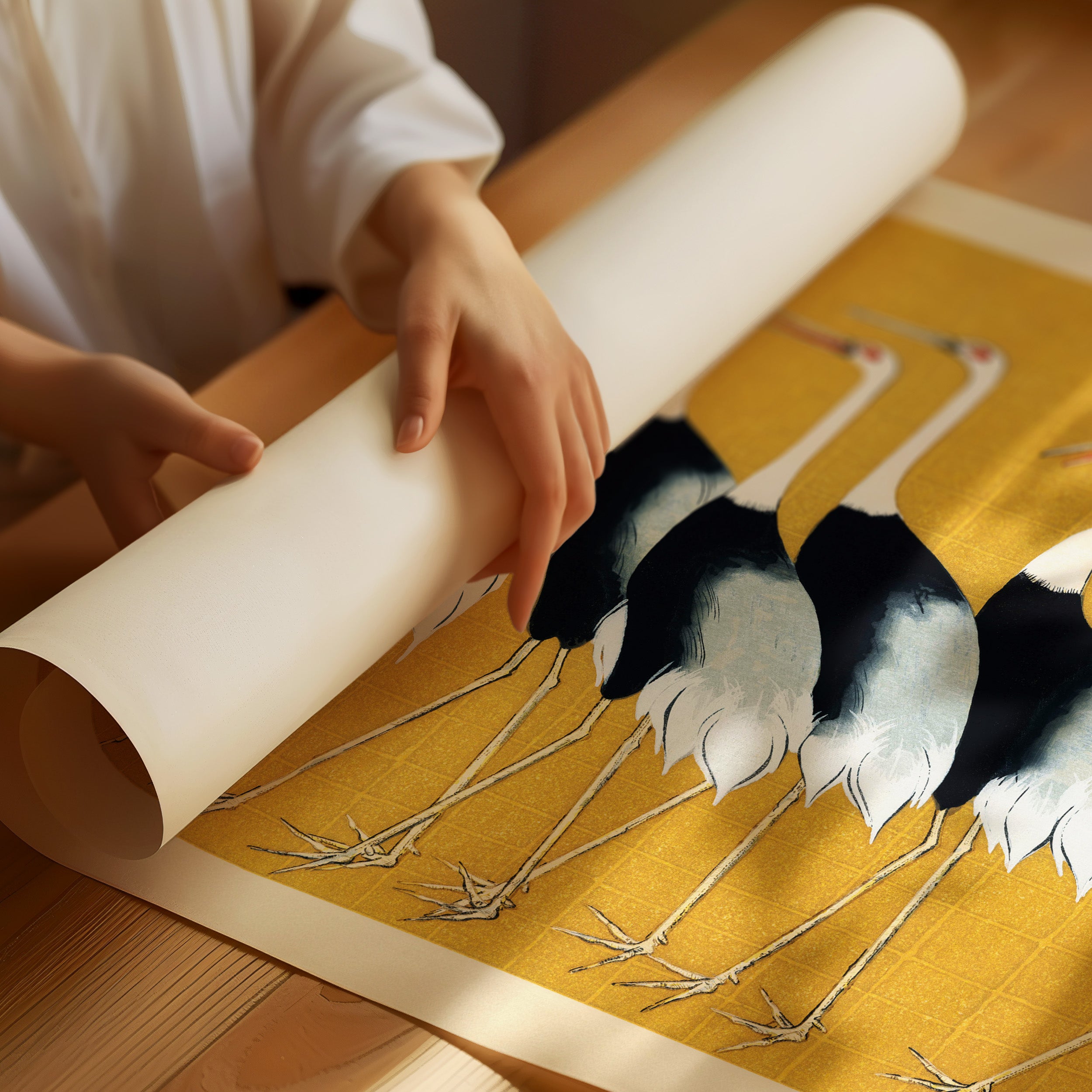 Person unrolling a scroll with a crane painting on a yellow background