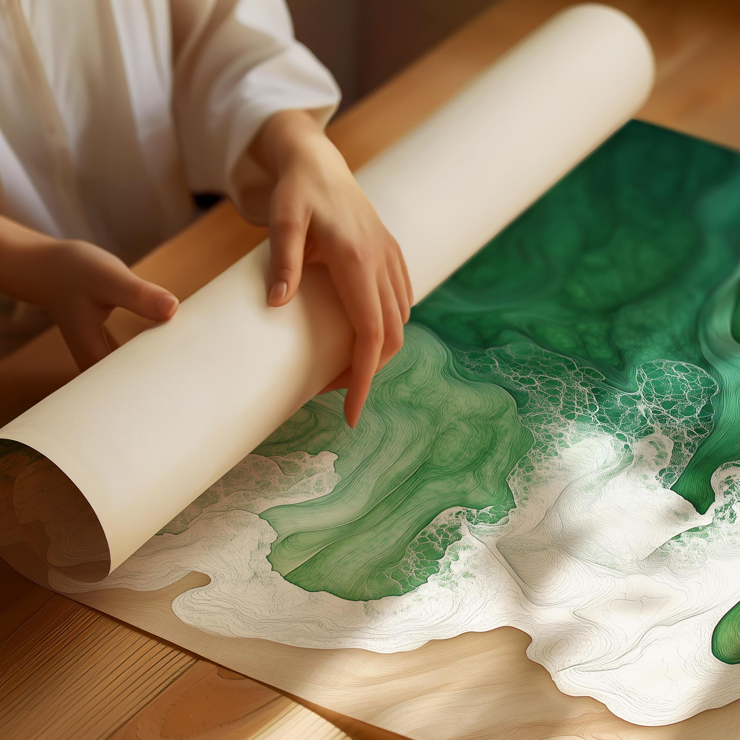 Abstract green wave poster with soft flowing lines and minimalist style