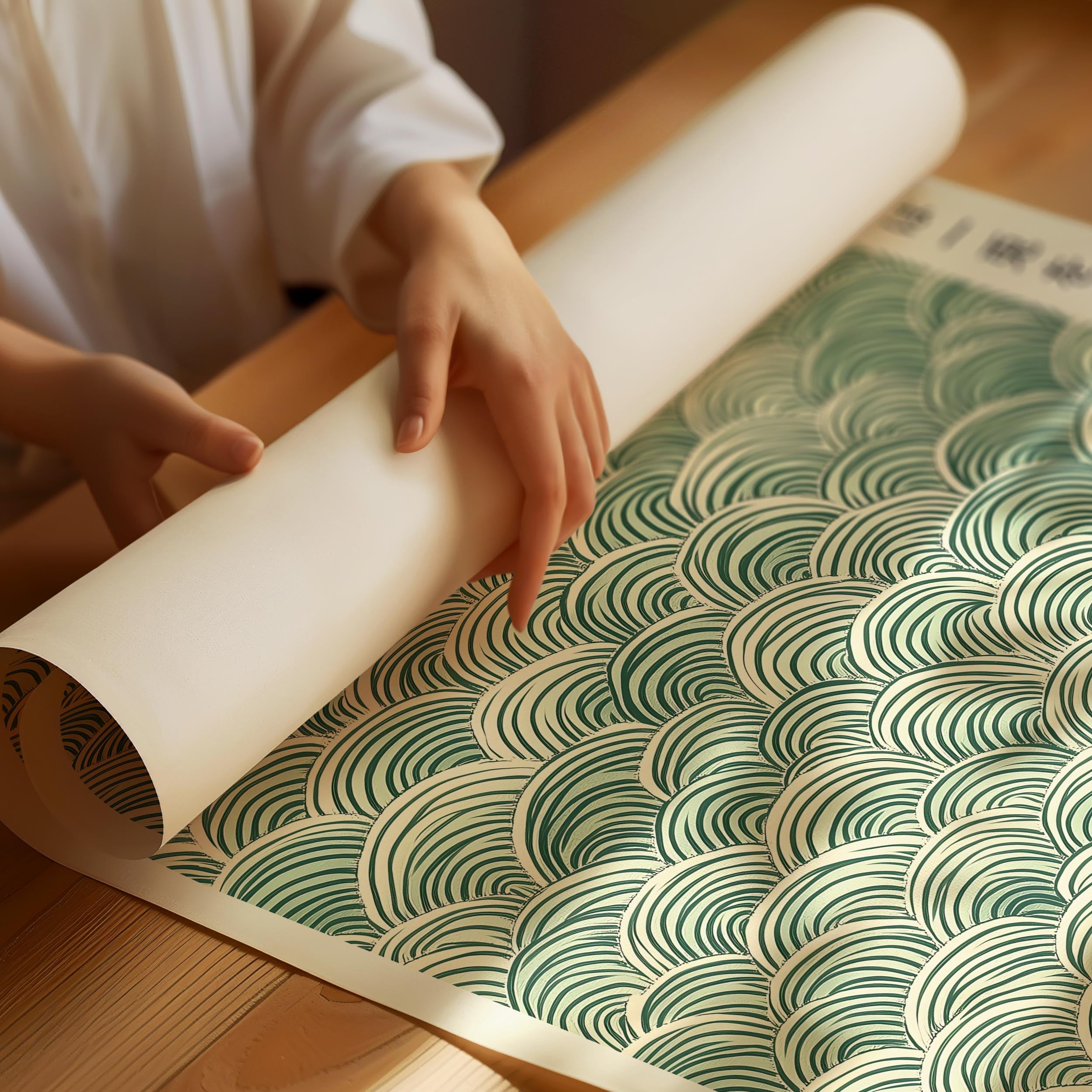 Japandi poster with green tones and minimalist abstract pattern