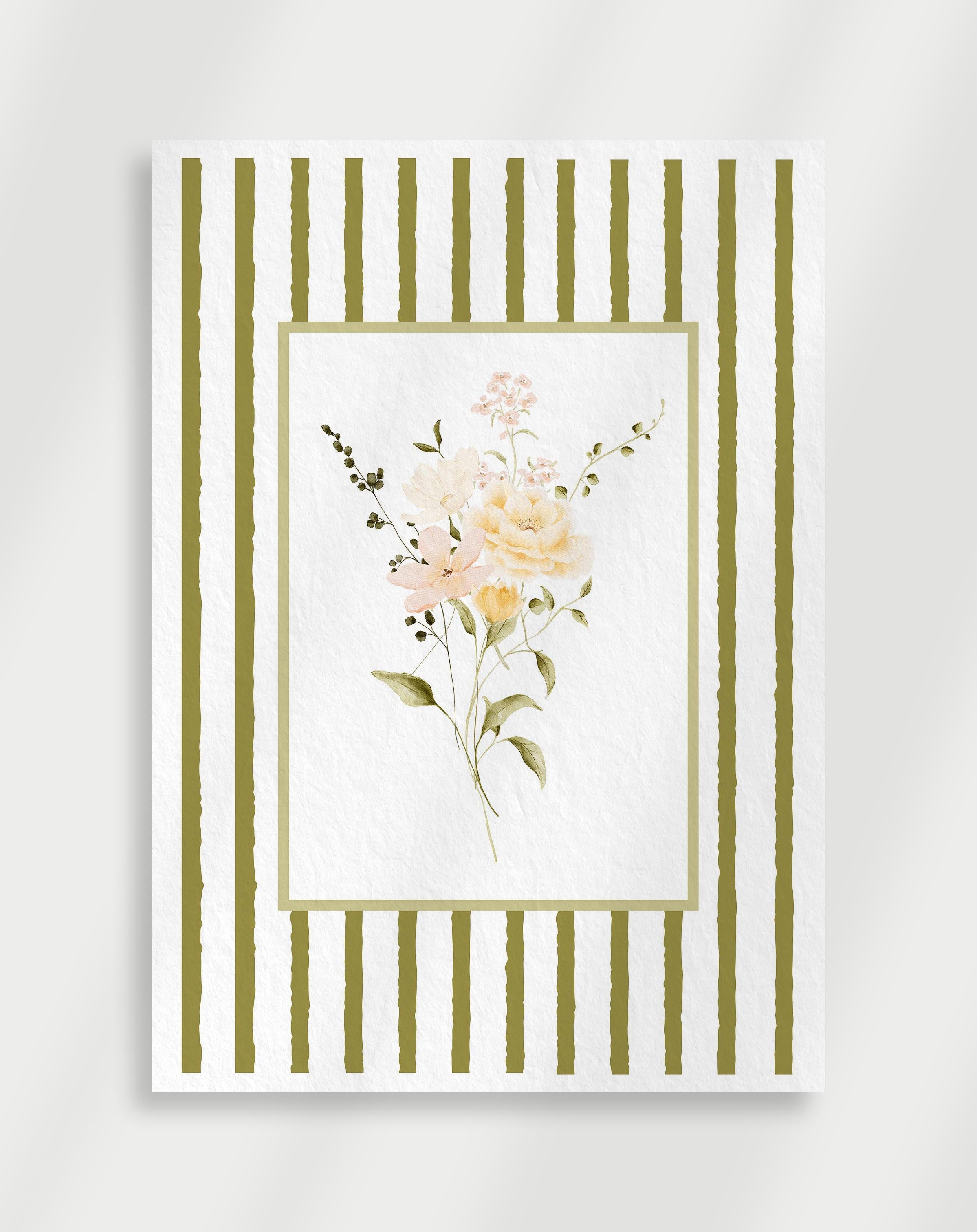 Floral bouquet poster with soft pastel flowers and green striped frame