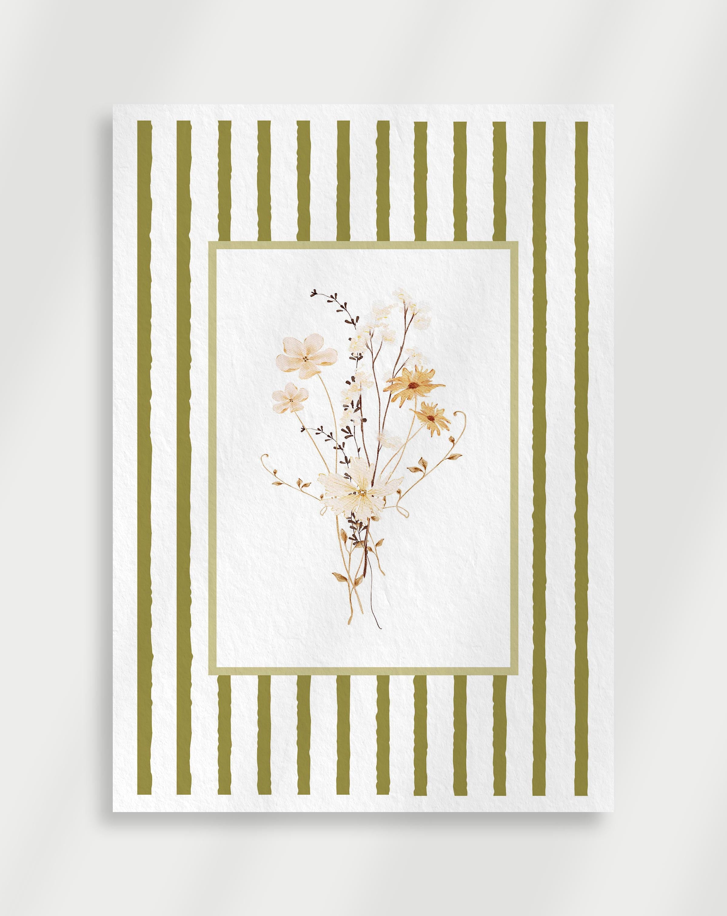 Botanical poster with delicate wildflowers in soft neutral tones and green striped frame