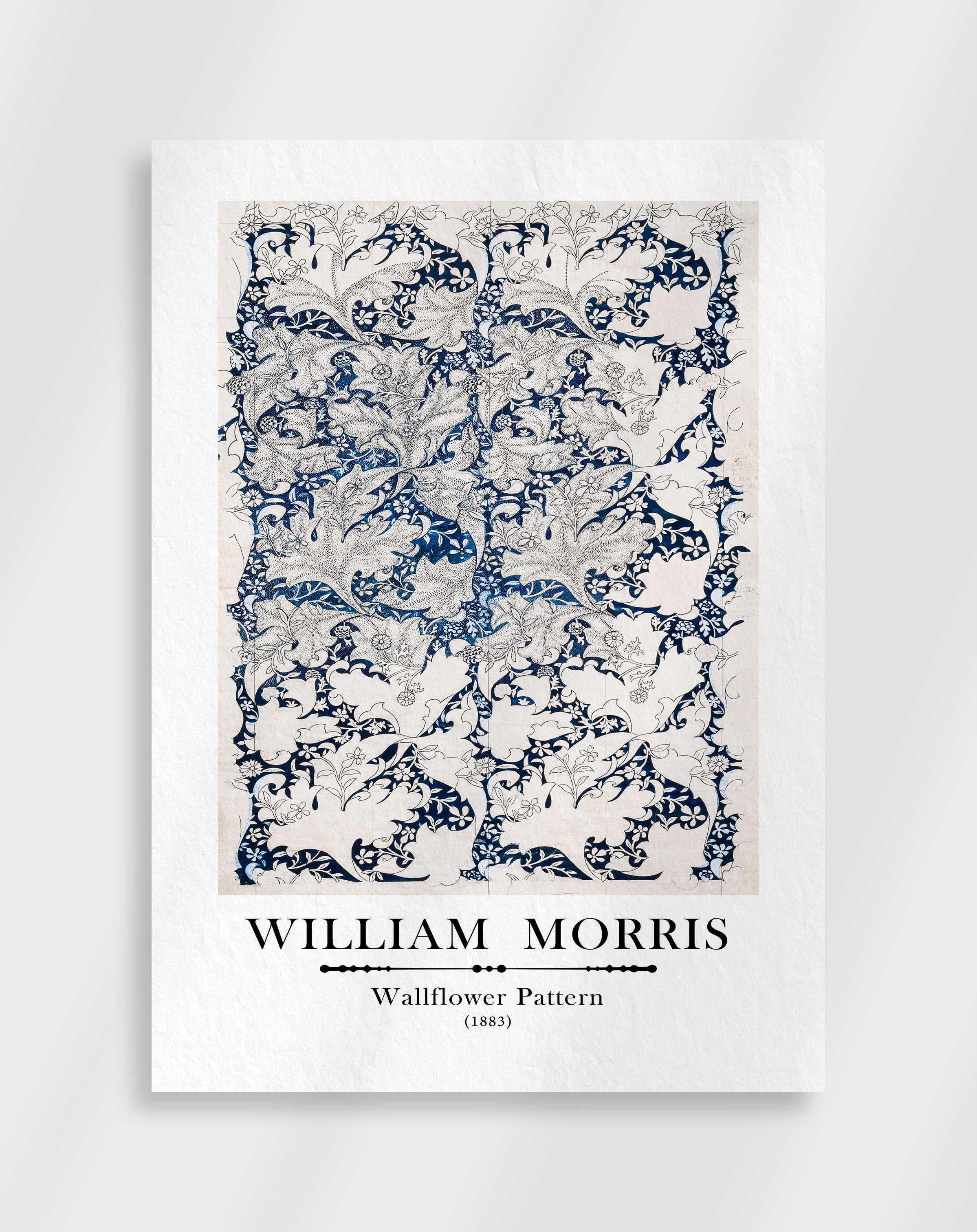 Decorative Wallflower print with intricate blue and white pattern and 'William Morris' branding on a light gray background.