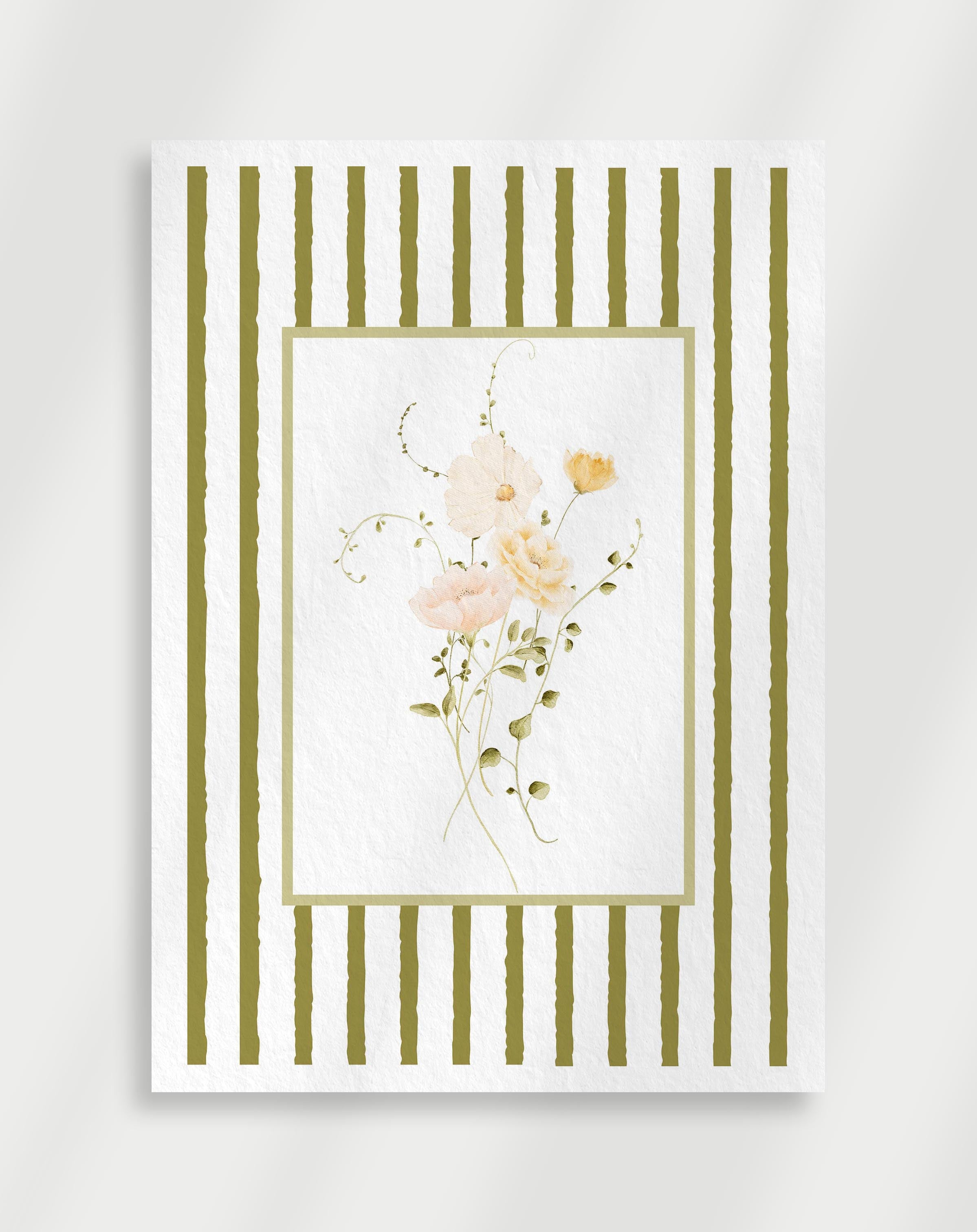 Floral poster with soft pastel flowers and green striped frame