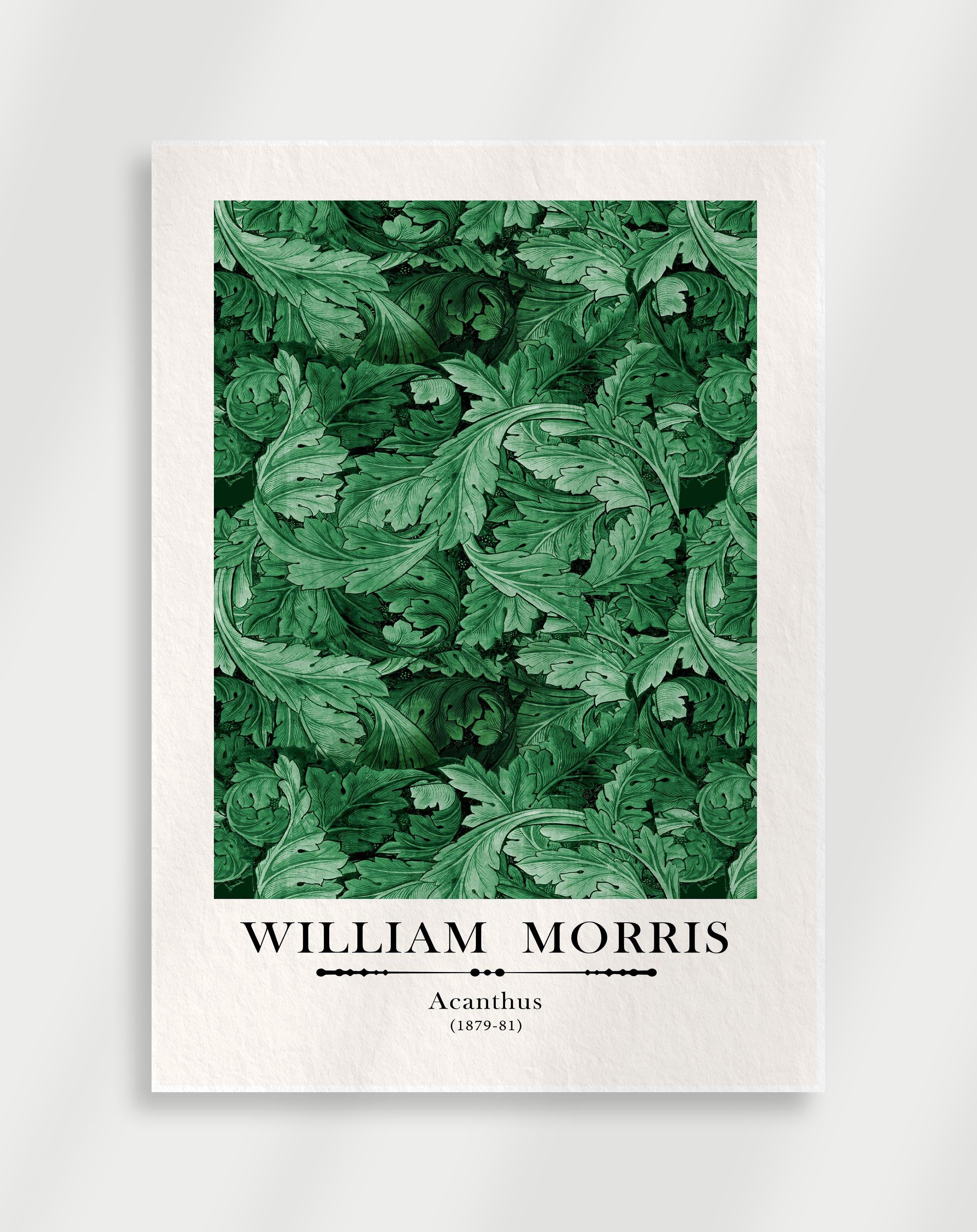 Decorative Acanthus print with green leaf pattern and 'William Morris' text on a white background