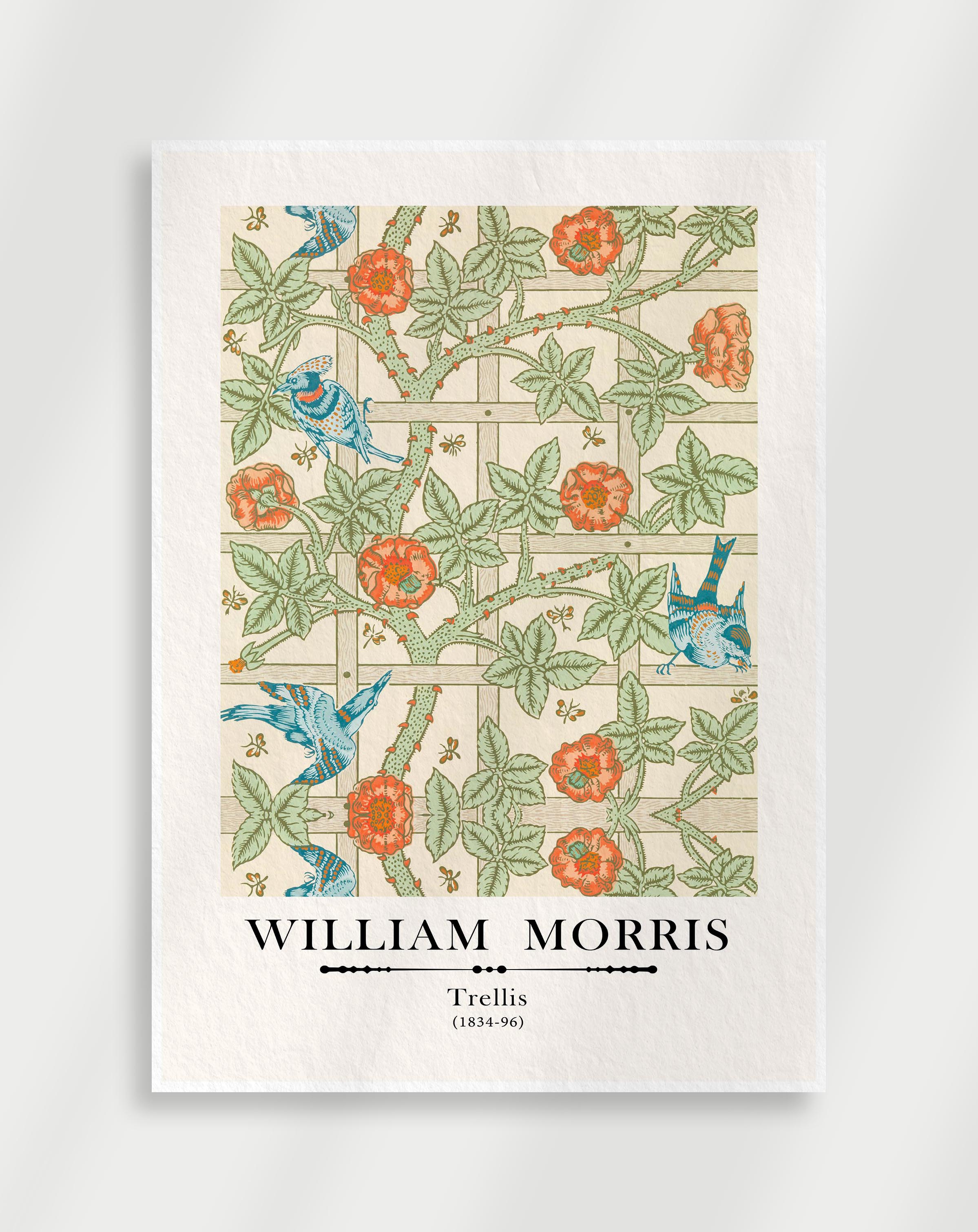 Vintage botanical trellis pattern wall art with structured floral vines by William Morris