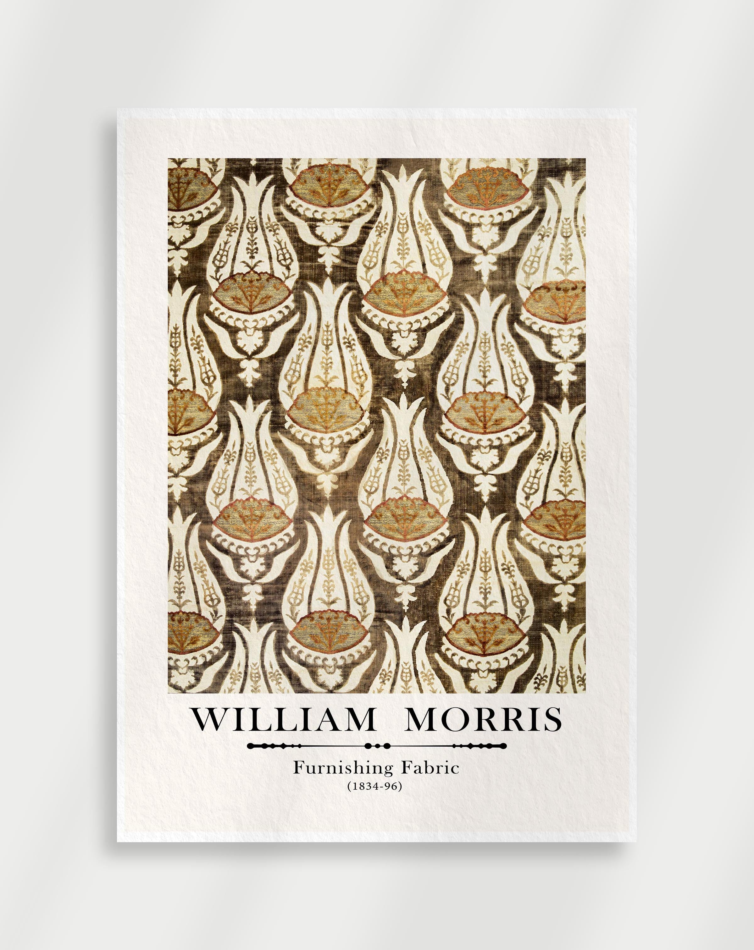 Vintage ornamental fabric pattern wall art with intricate botanical design by William Morris