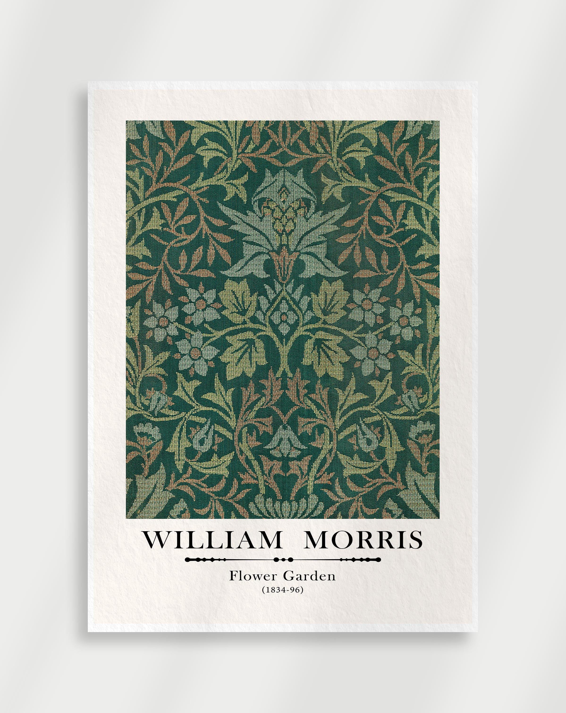 Vintage botanical flower garden wall art with dense floral pattern by William Morris