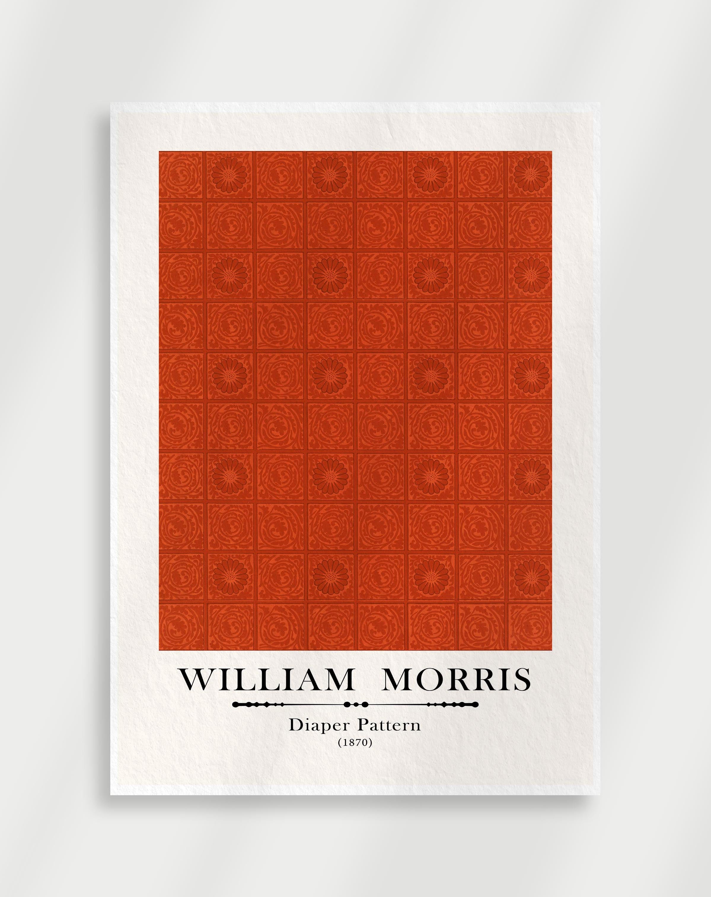 Vintage geometric botanical pattern wall art with repeating shapes by in red William Morris