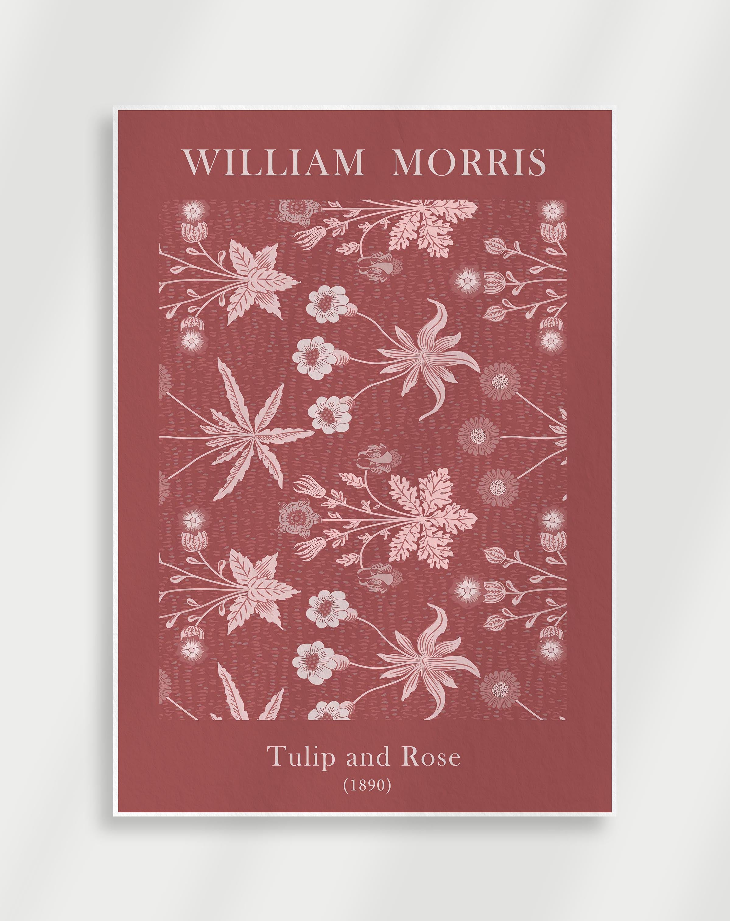 Classic botanical tulip and rose wall art with rich floral pattern by William Morris