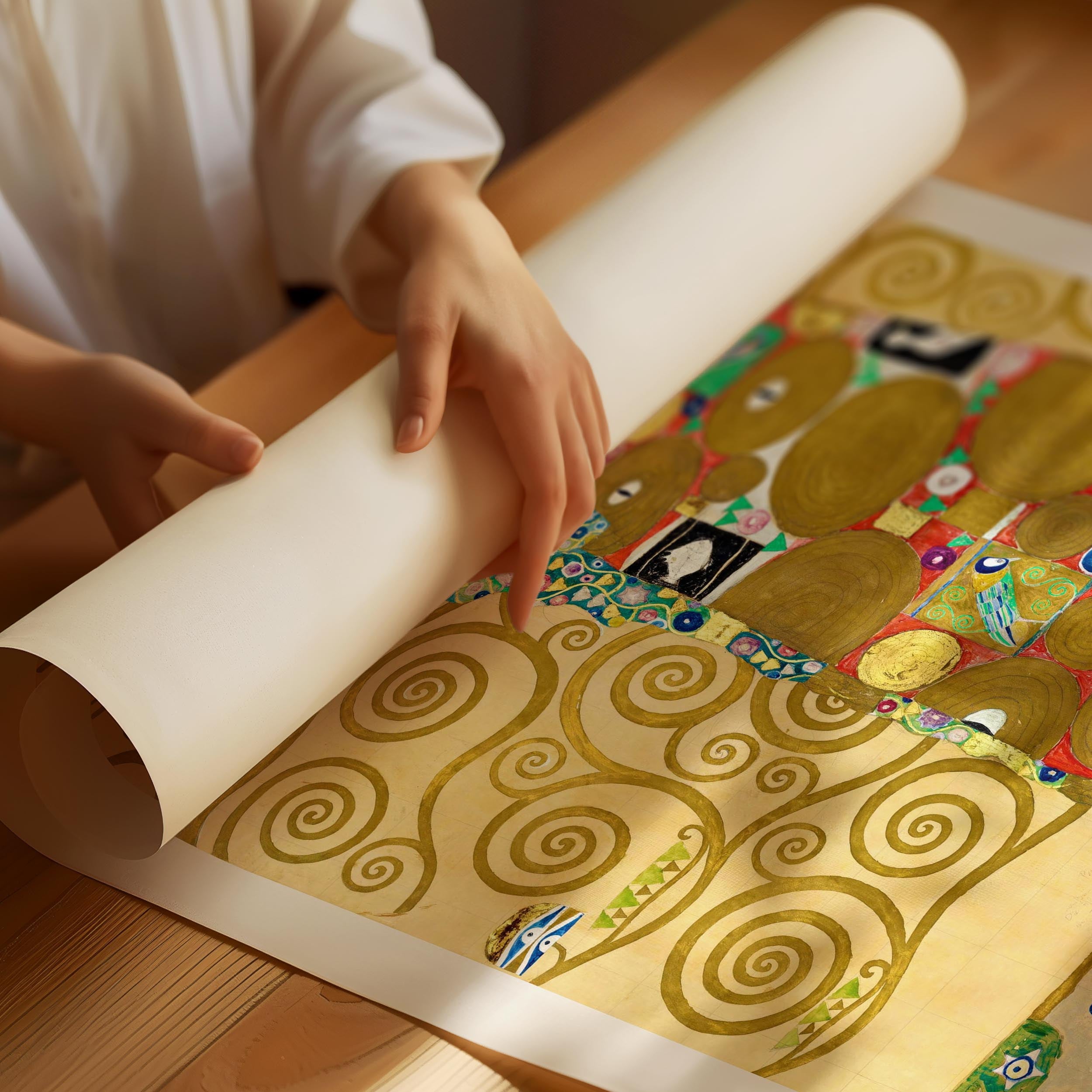 Gustav Klimt Fulfillment poster with golden patterns and Art Nouveau design