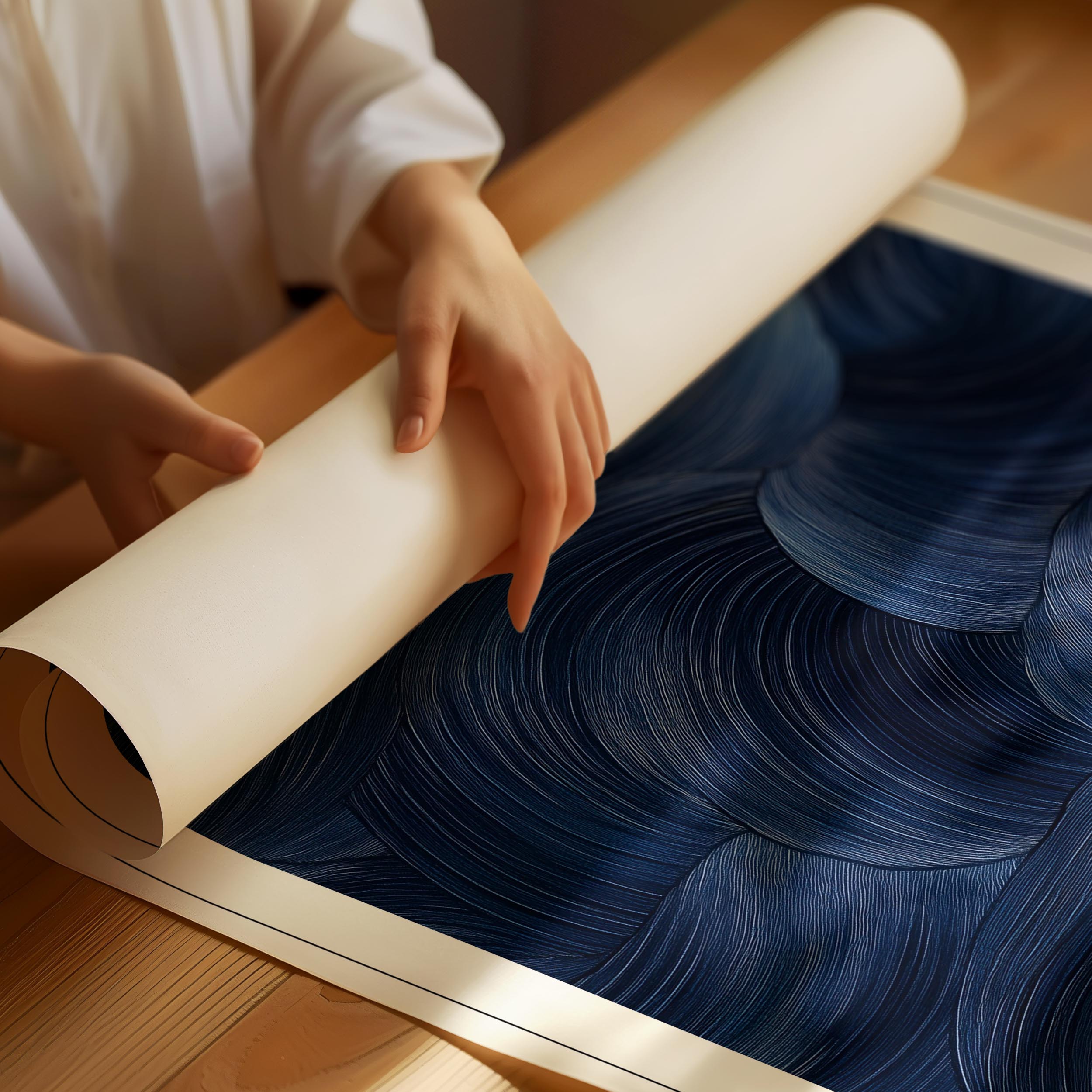 Navy blue Japandi poster with minimalist abstract design and calm composition