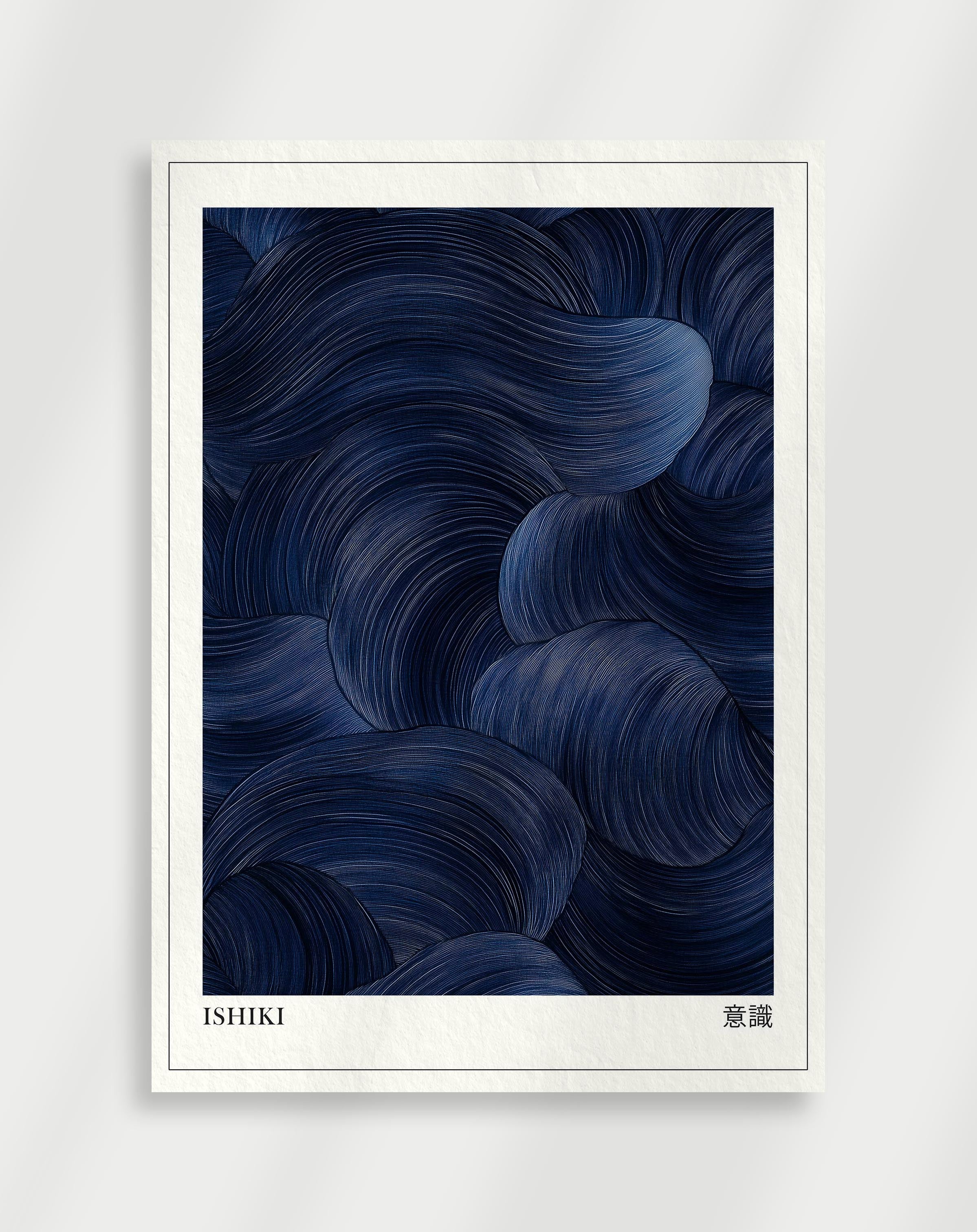 Navy blue Japandi poster with minimalist abstract design and calm composition