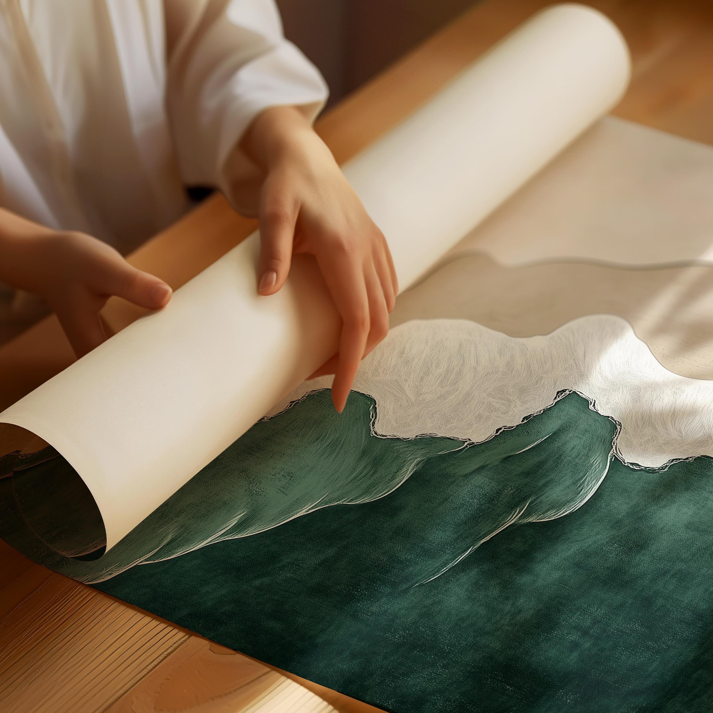 Japandi poster with green wave patterns and flowing organic shapes