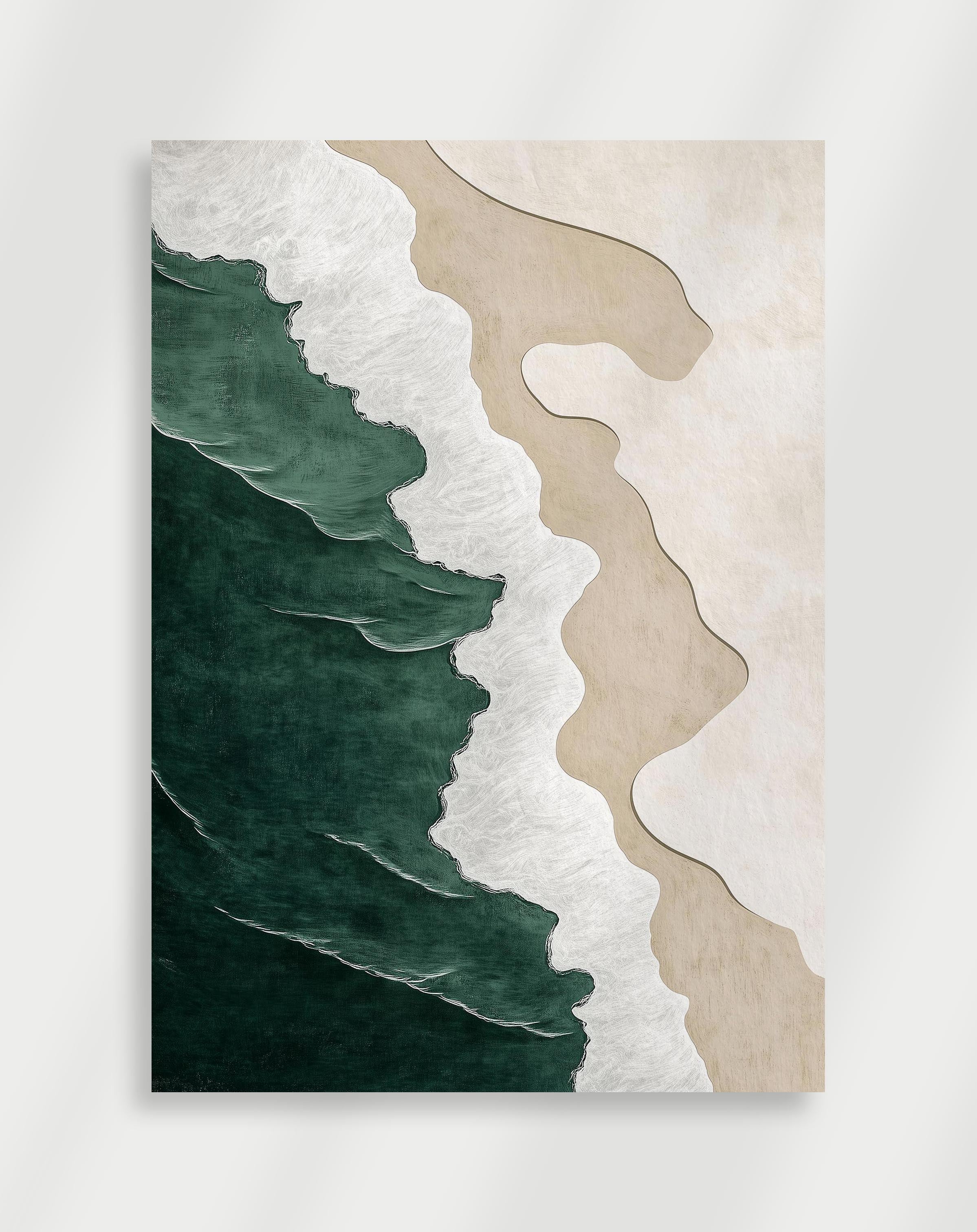 Japandi poster with green wave patterns and flowing organic shapes