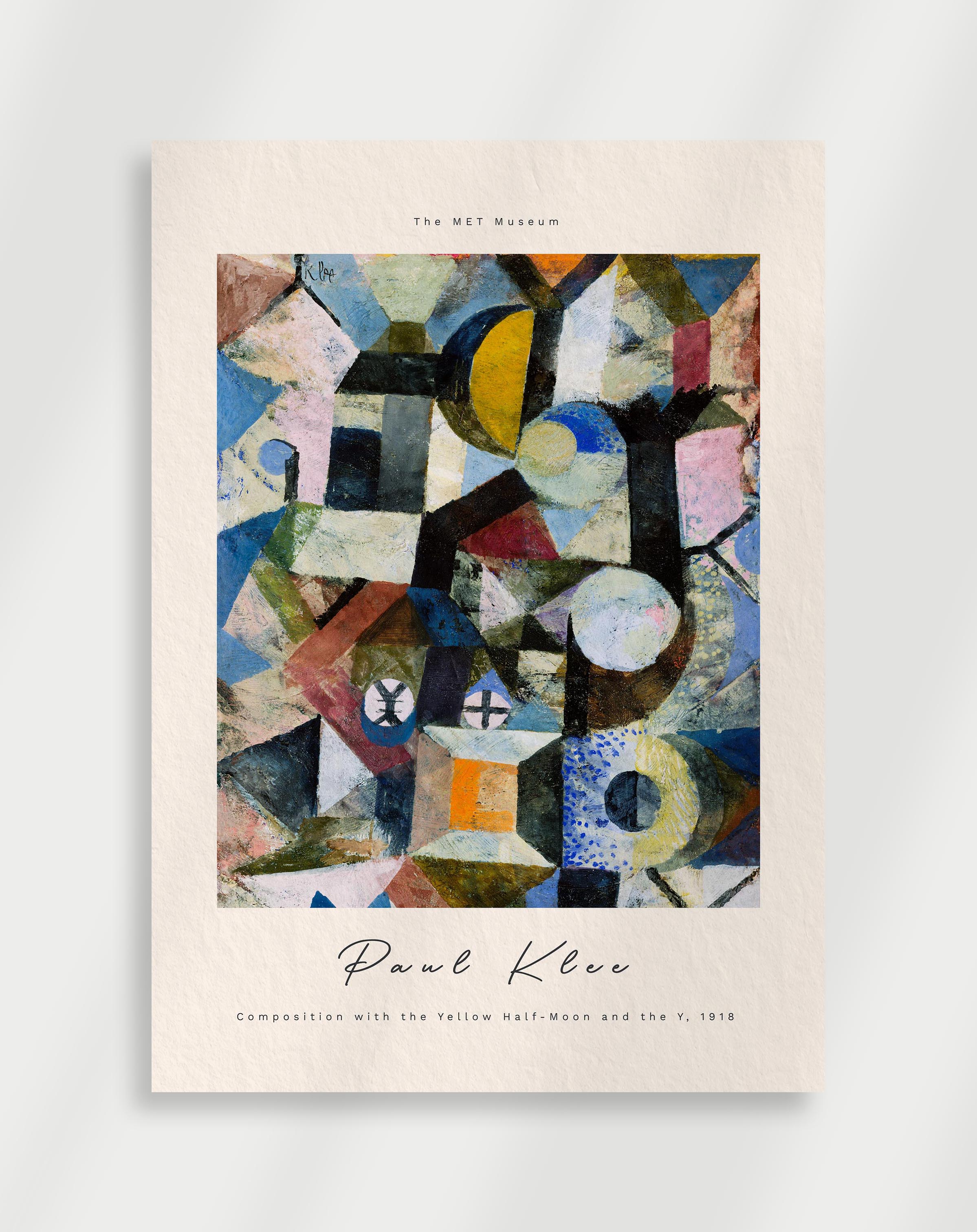 Abstract composition with geometric shapes and yellow half moon in textured Klee style