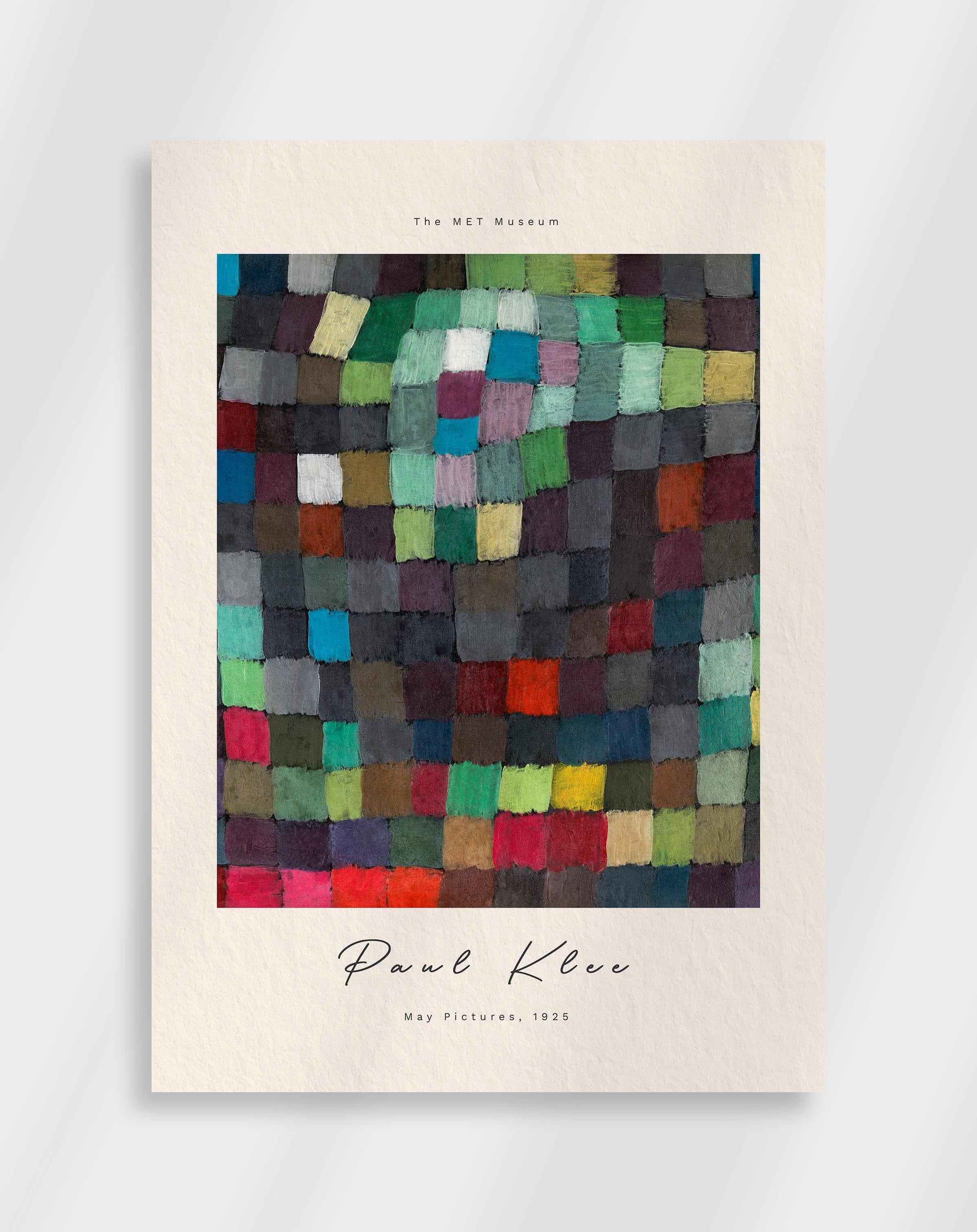 Abstract grid artwork with multicolored squares and textured brush strokes